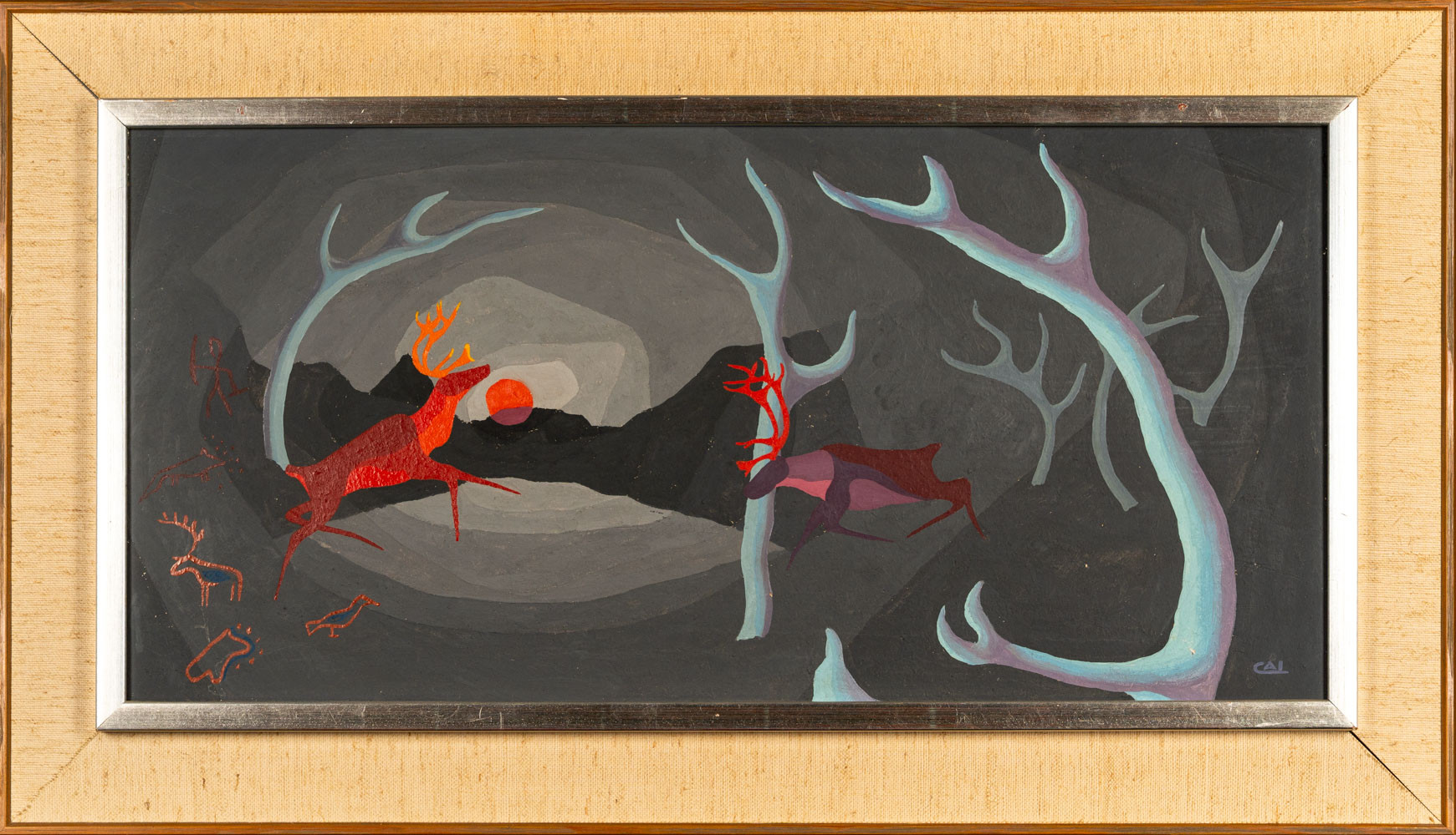 CAI POULSEN. Olja på pannå, Landskapsmotiv med renar, Signerad.