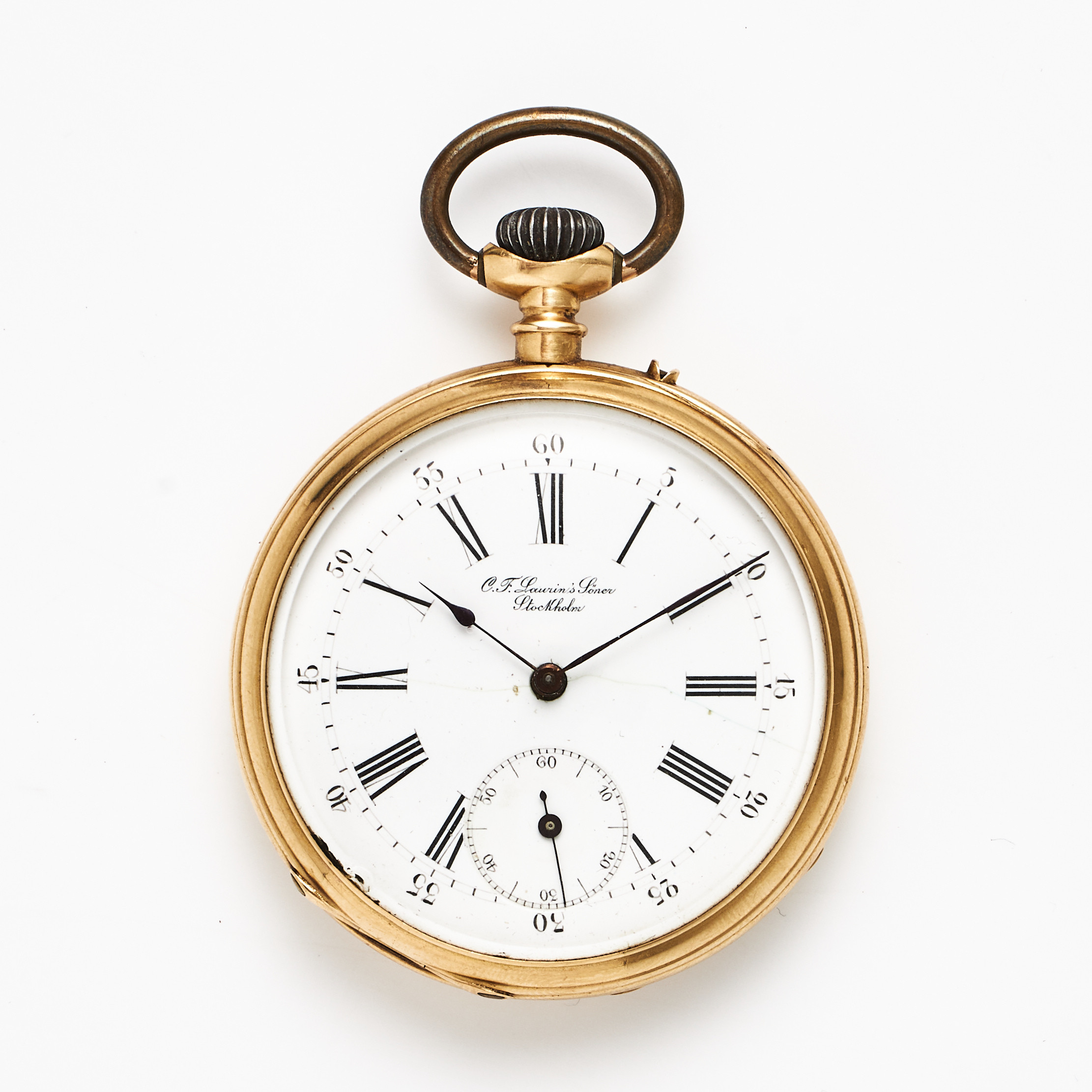 C.F. LAURINS & SÖNER, Stockholm, fickur, 18 k guld, vitemaljerad urtavla, romerska siffror, plexiglas, innerlock i 18 k guld.
