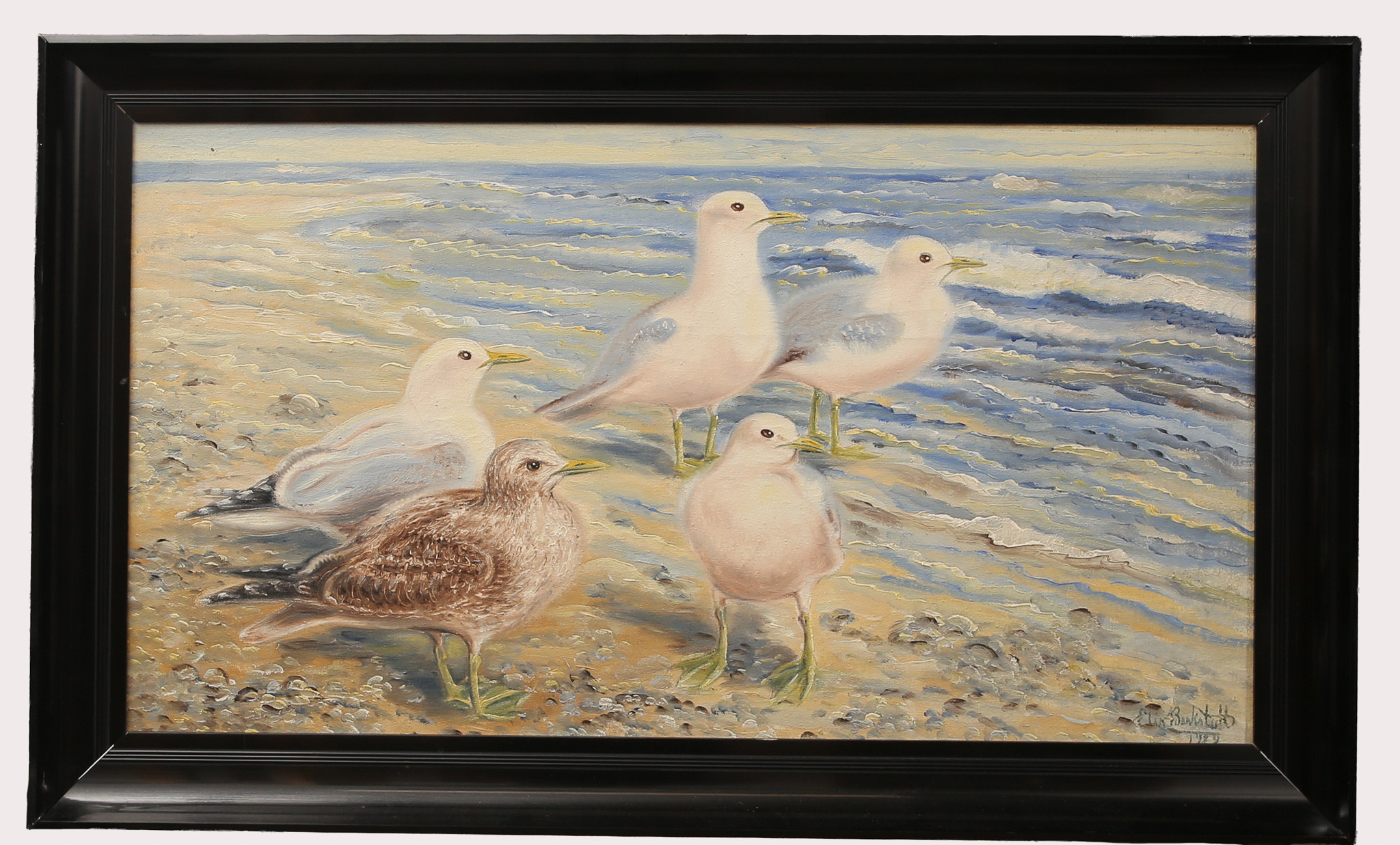 ELIS BARKSTEDT. Olja på duk, "Fiskmåsar vid strandbädd", signerad, daterad 1929.