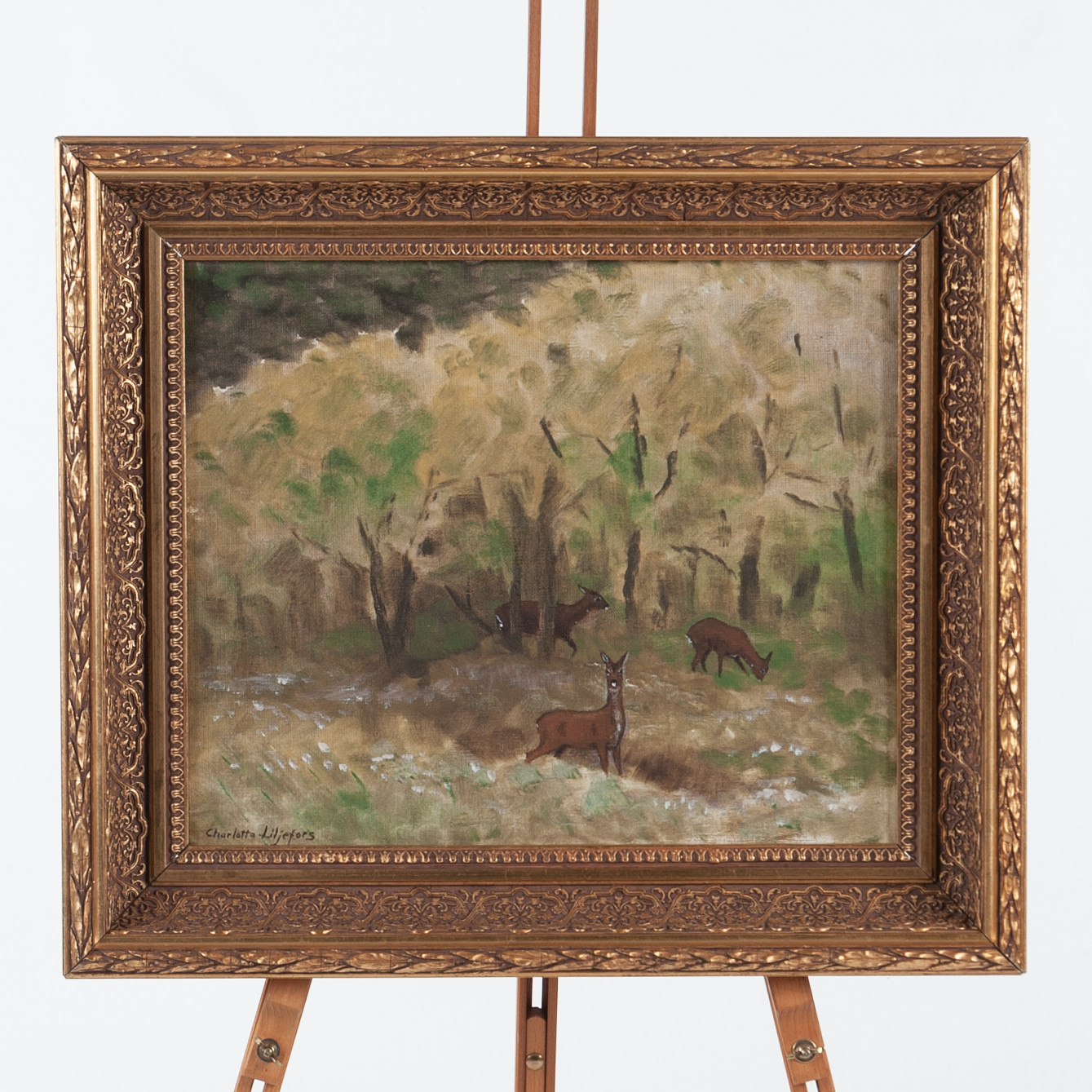 CHARLOTTA LILJEFORS (1943-2018). "Rådjur i landskap", olja på duk, praktram.