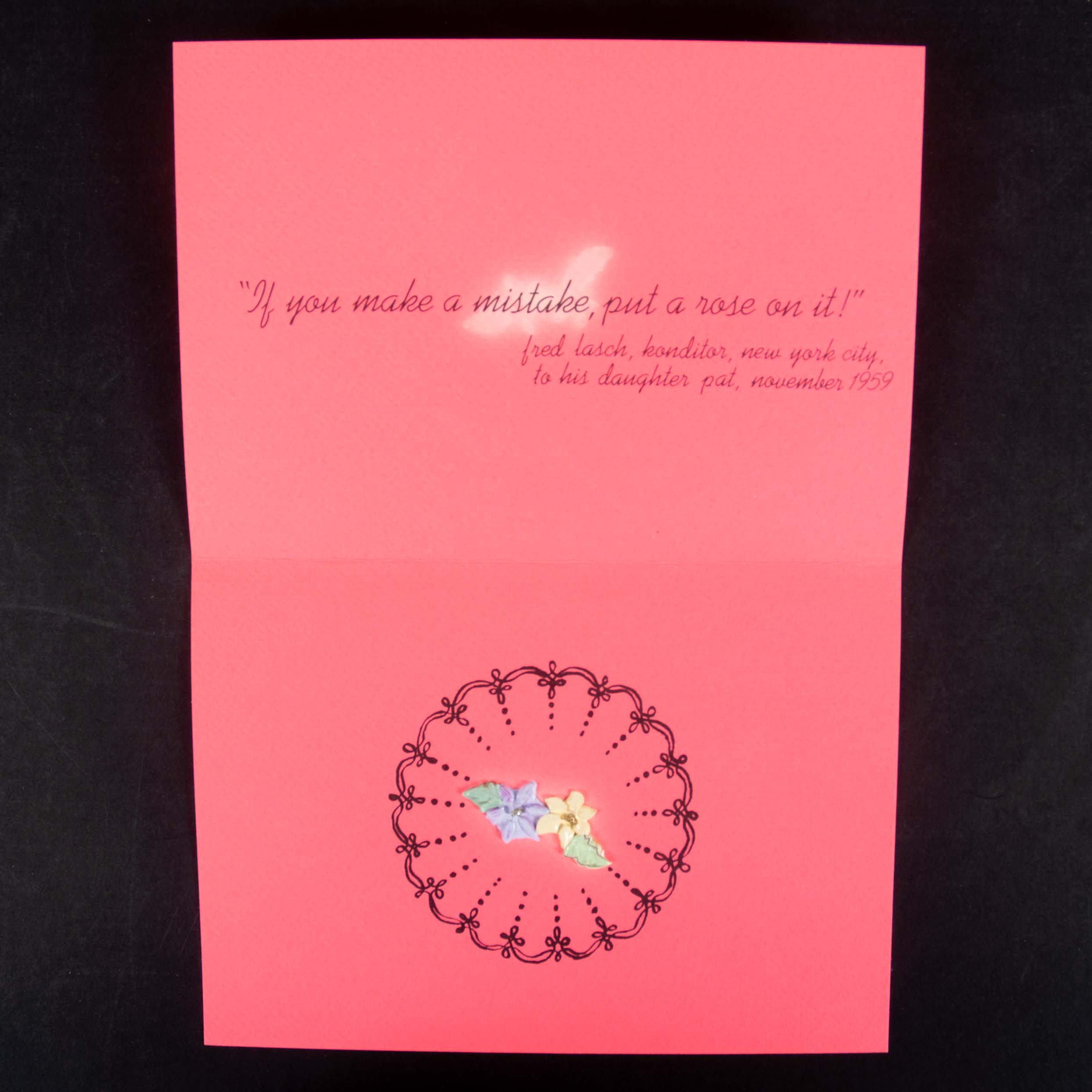 PAT LASCH (född 1944, USA), objekt, vernissagekort från Anders Tornberg (Galleriet i Lund) 1980.