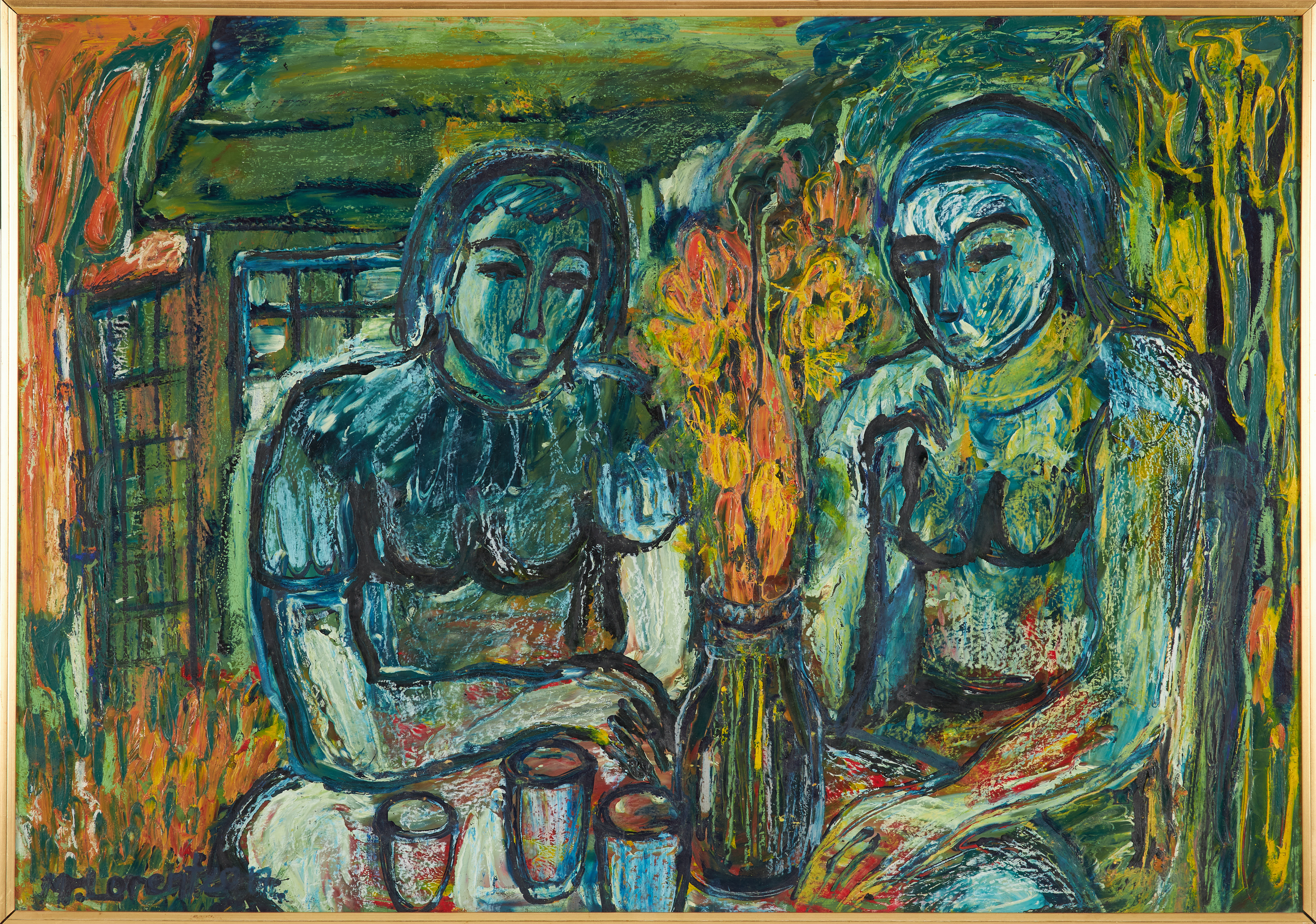 MONICA LORENTZON. Kvinnor till bords, olja på pannå, signerad.