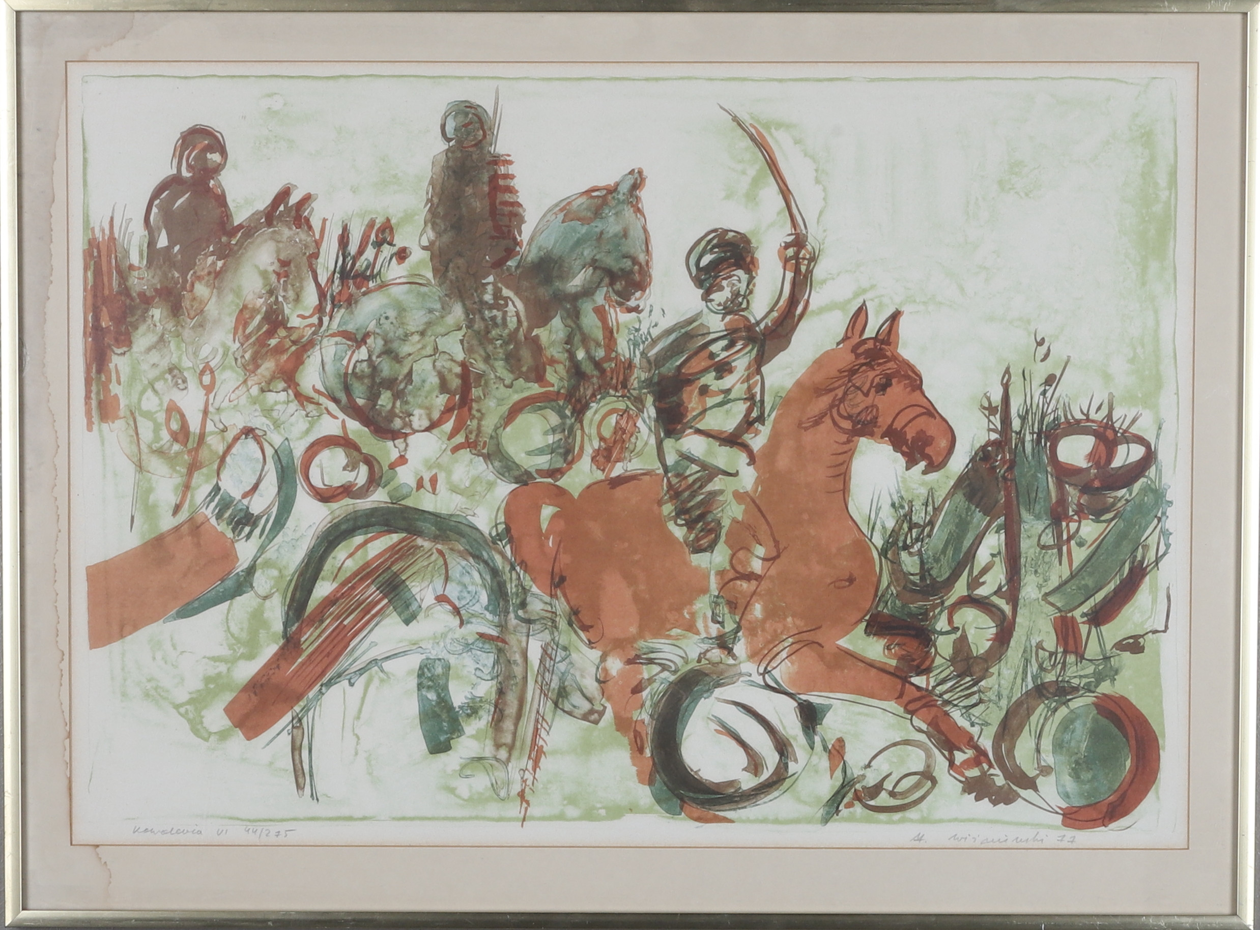 STANISLAW WISNIEWSKI. Färglitografi, "Kavalleri", signerad, daterad -77 samt numrerad 44/275.