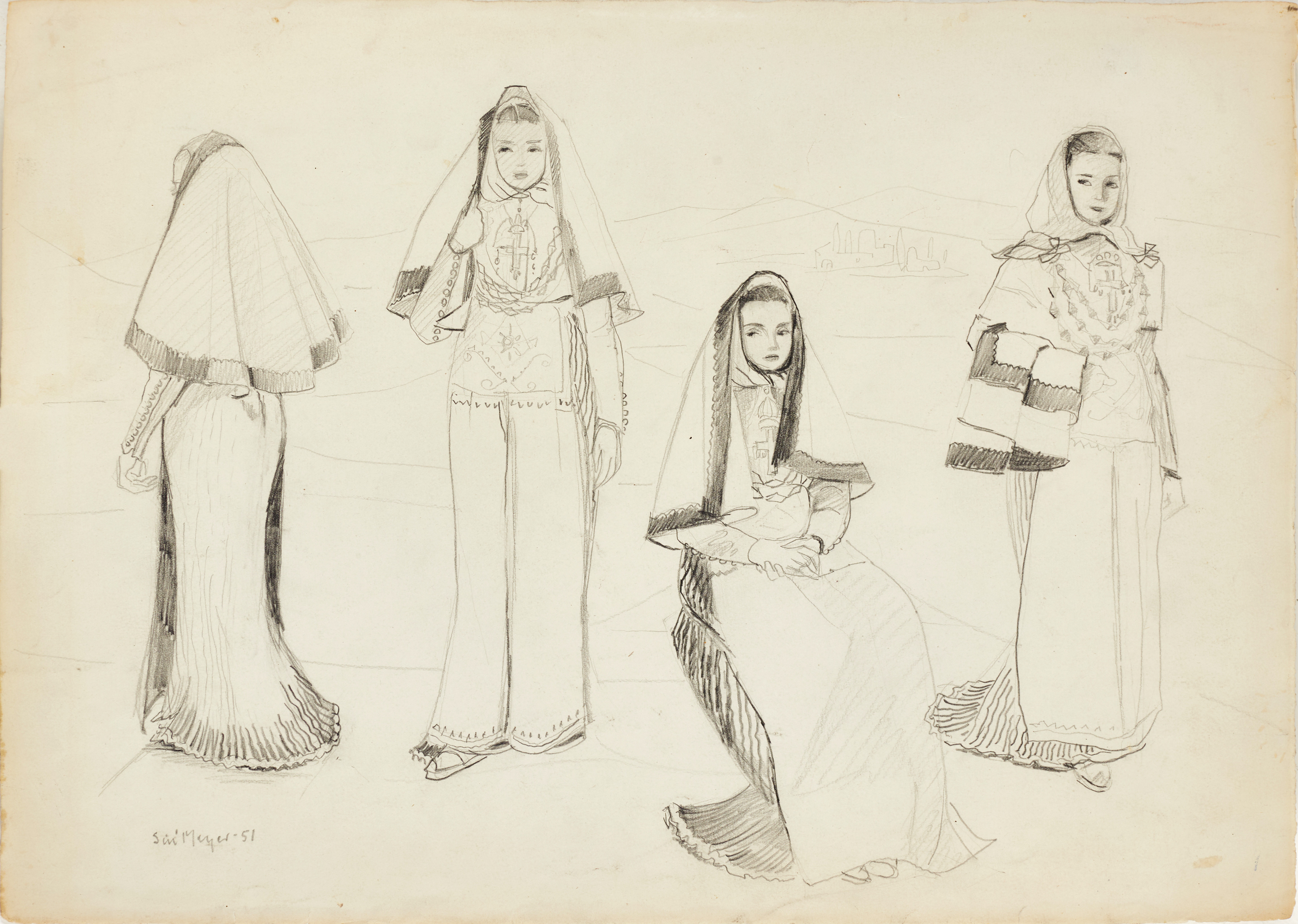 SIRI MEYER (1898–1985), "Ibiza, Fiesta", signerad och daterad 51, blyerts.