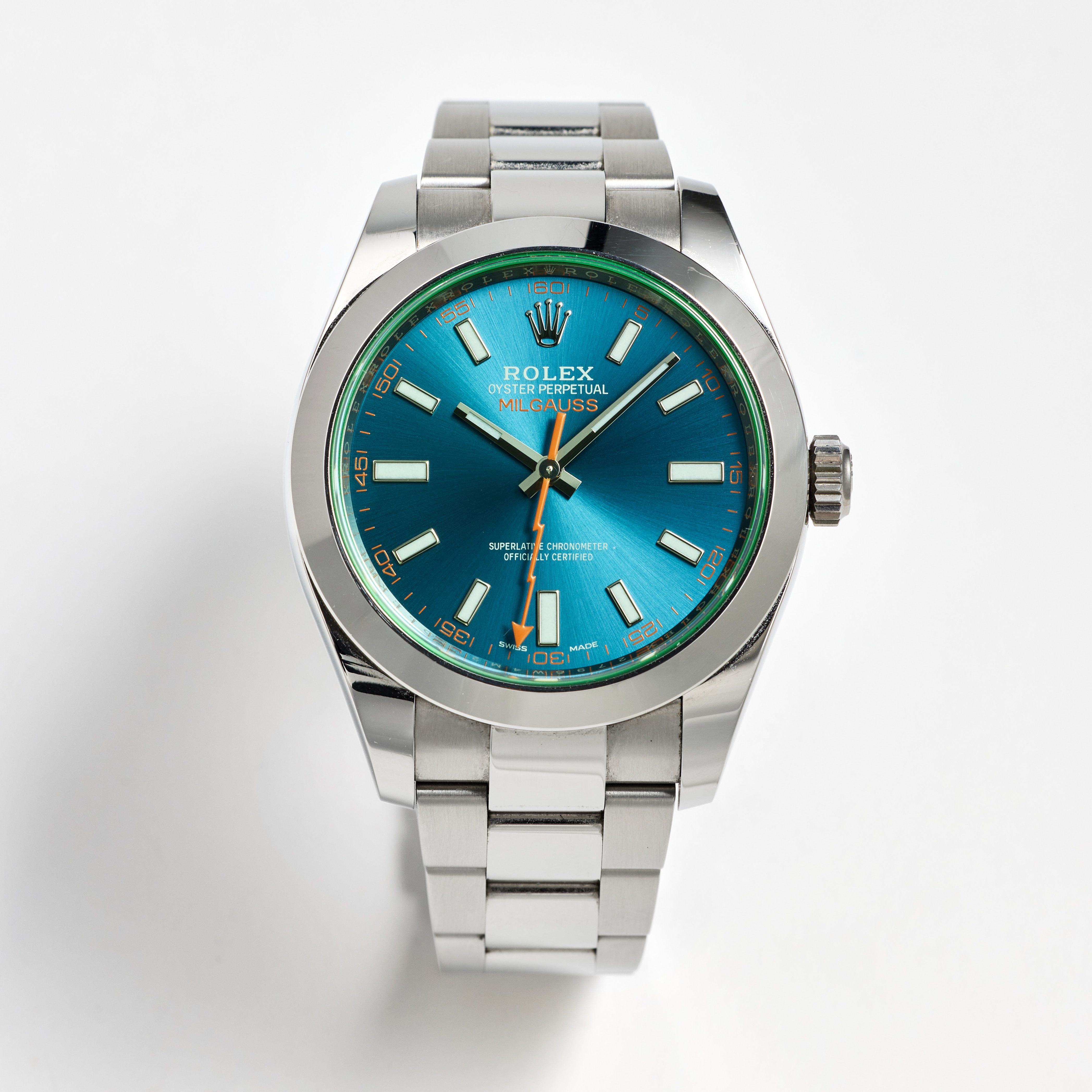 ROLEX, Oyster Perpetual, Milgauss, "Grönt Glas", Chronometer, armbandsur, 40 mm, stål, certifikat, juli 2018.