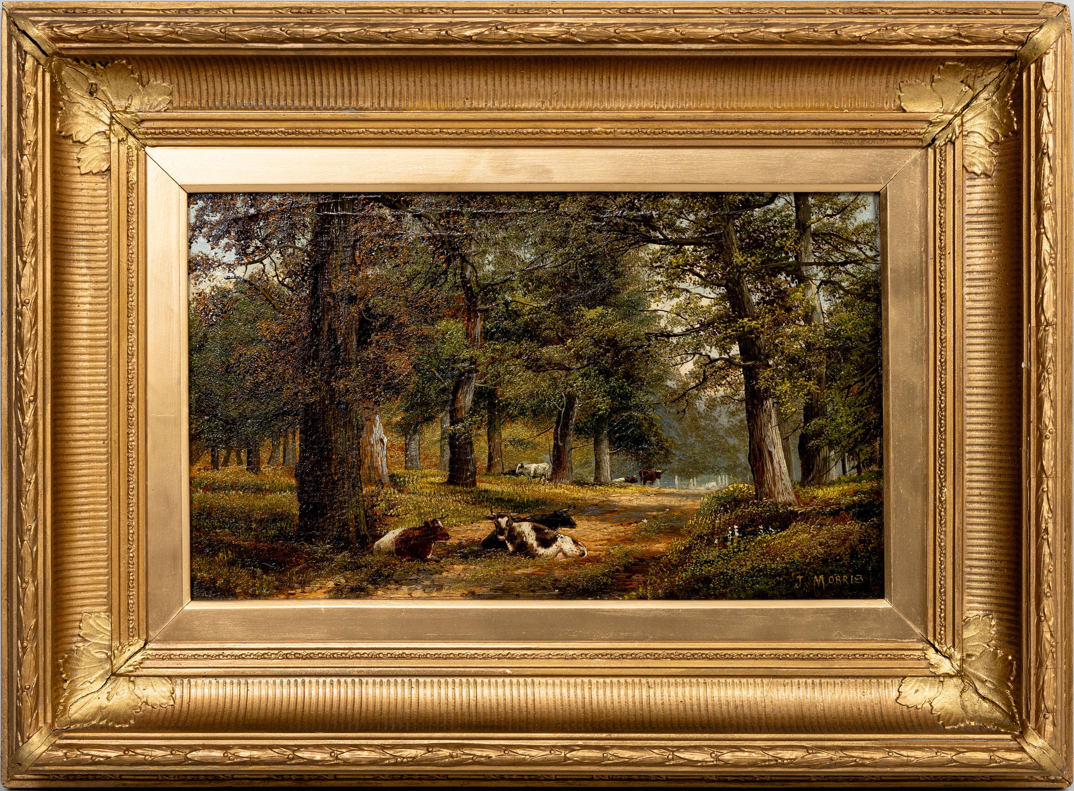 OIDENTIFIERAD KONSTNÄR. Kor i skog, olja på duk, 1800-tal, bär signatur J.Morris.