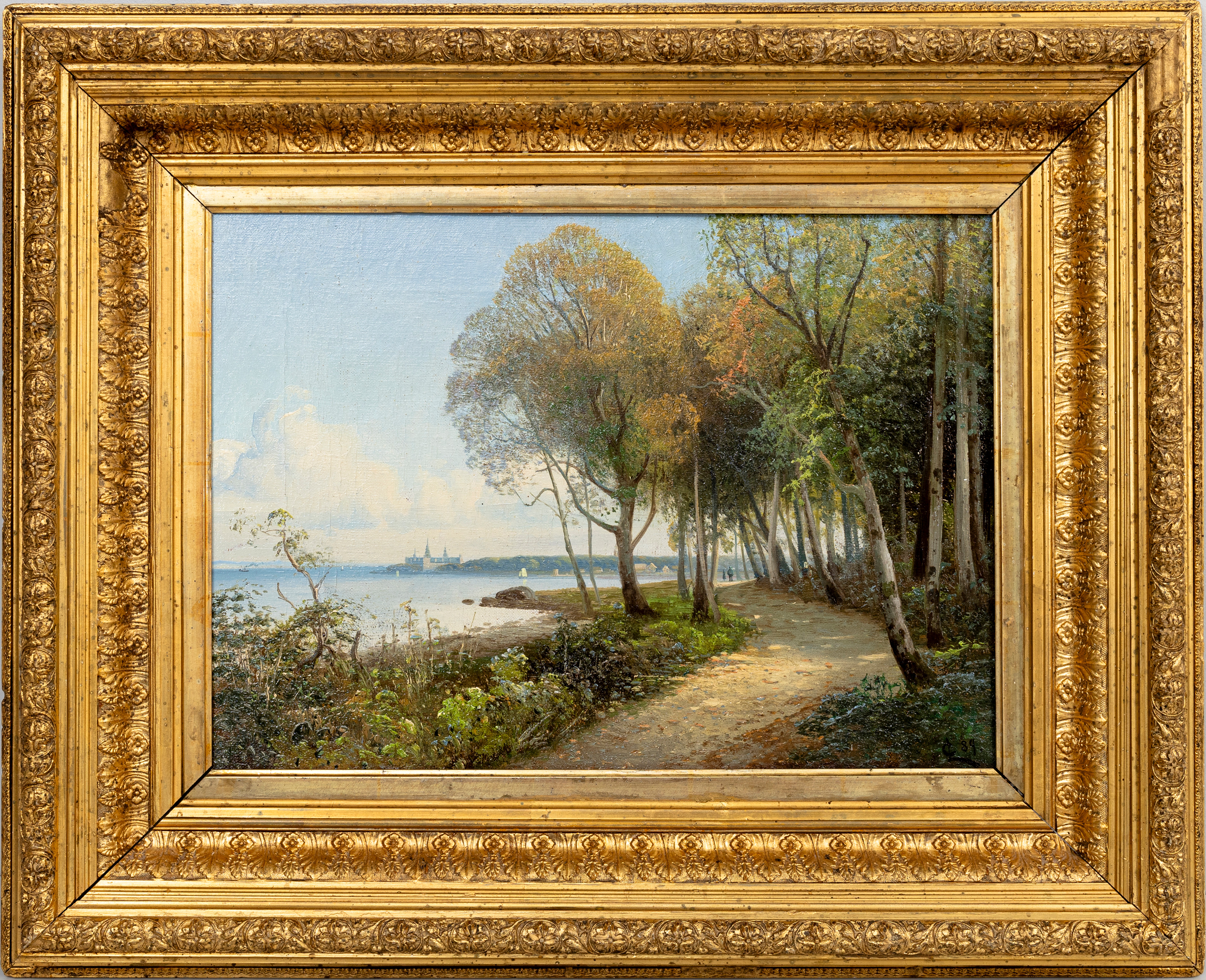 CARL LEVEAU (1859-1922). VY mot Kronborgs slott, olja på duk, monogramsignerad och daterad -98.