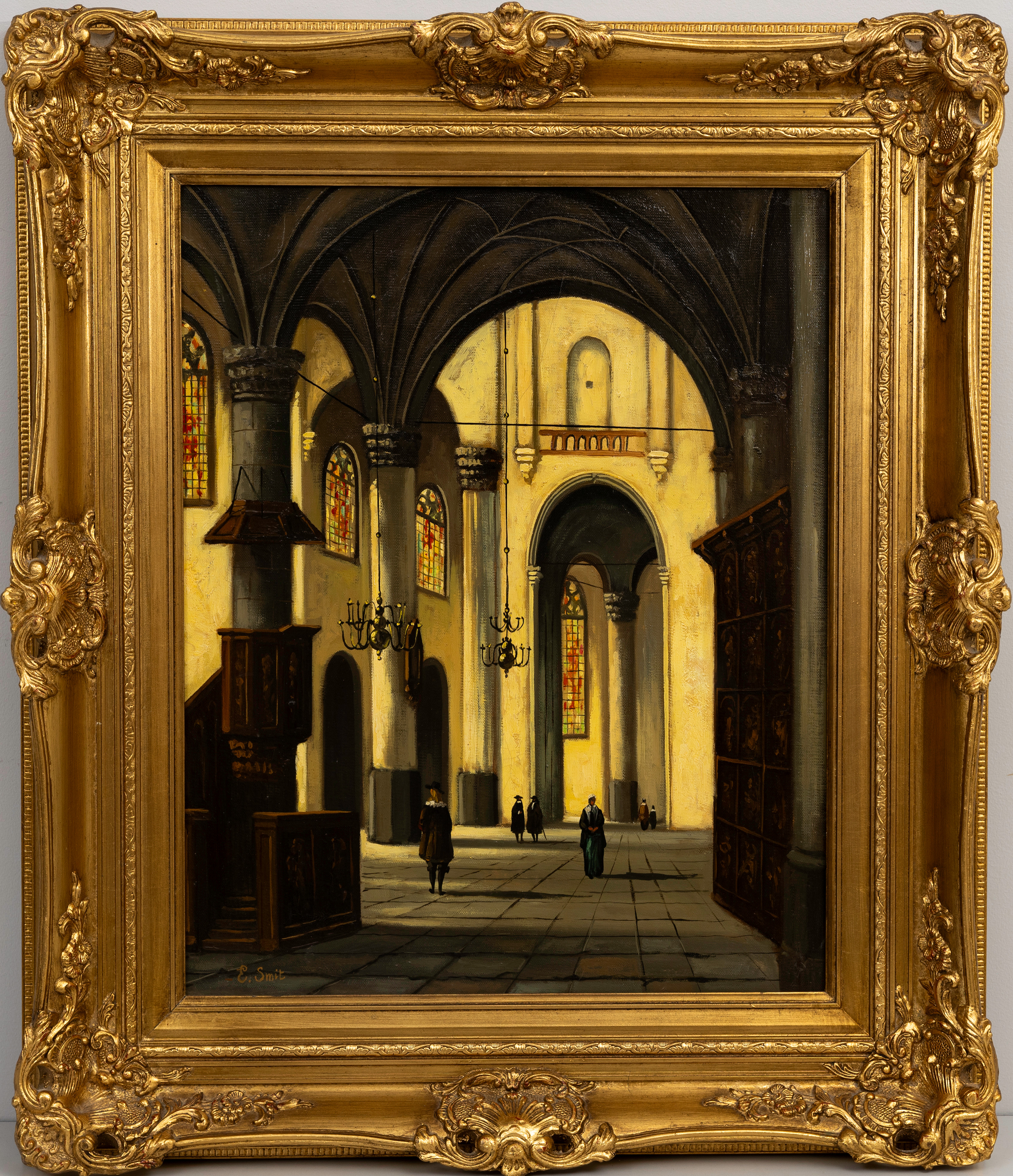 OIDENTIFIERAD KONSTNÄR. Kyrkointeriör, olja på duk, bär signatur E.Smit.