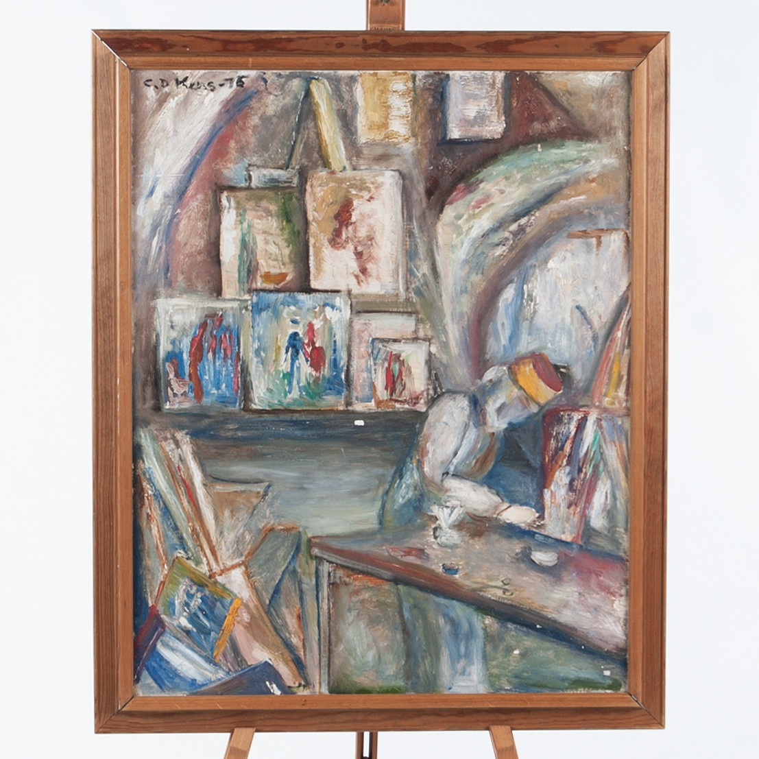 OIDENTIFIERAD KONSTNÄR. Olja på pannå, Konstnären i sin ateljé, Signerad och daterad -75.