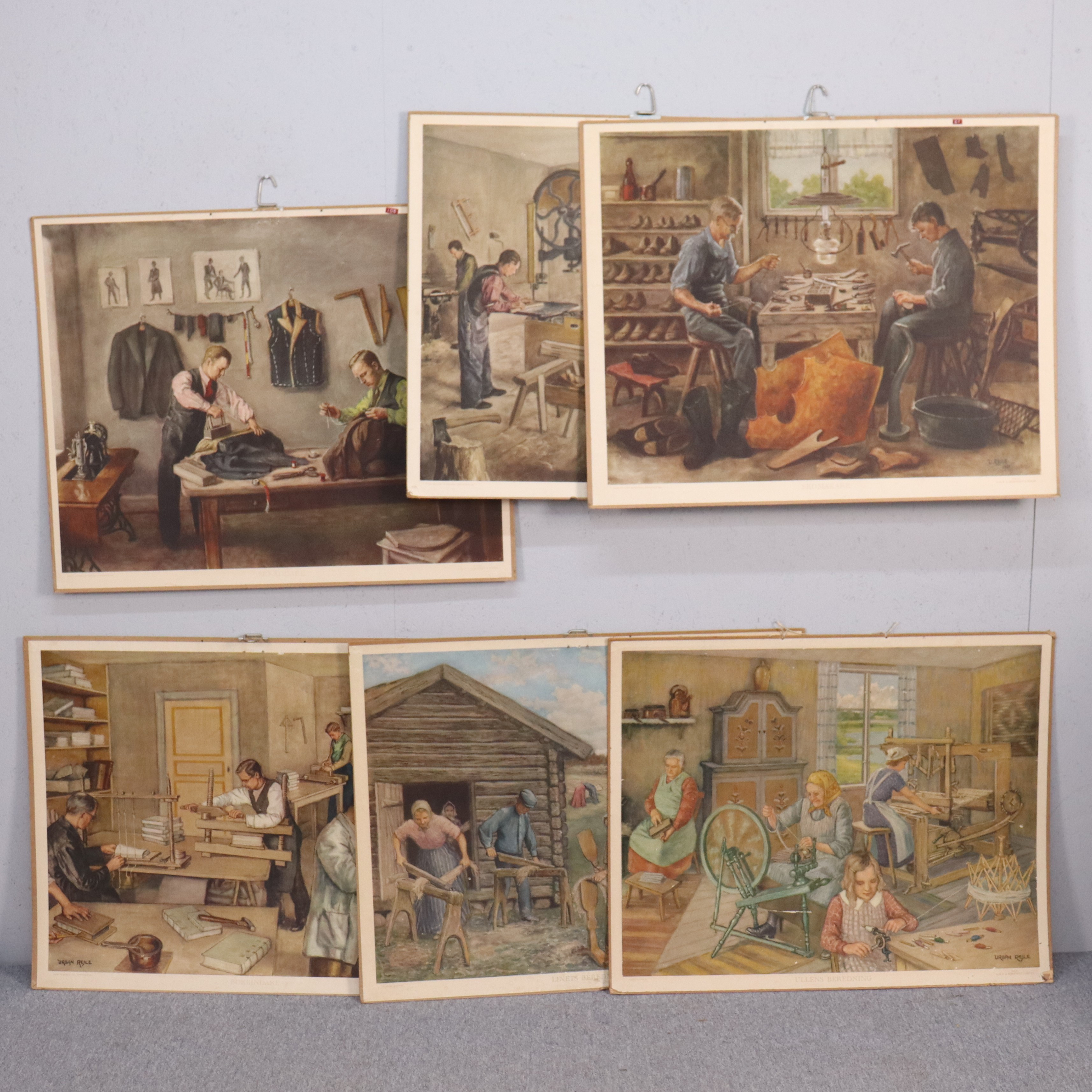URBAN REJLE. skolplanscher, skräddare, skomakare, snickare, bokbindare, ullens beredning och linets beredning, 1930-tal, 6 st.