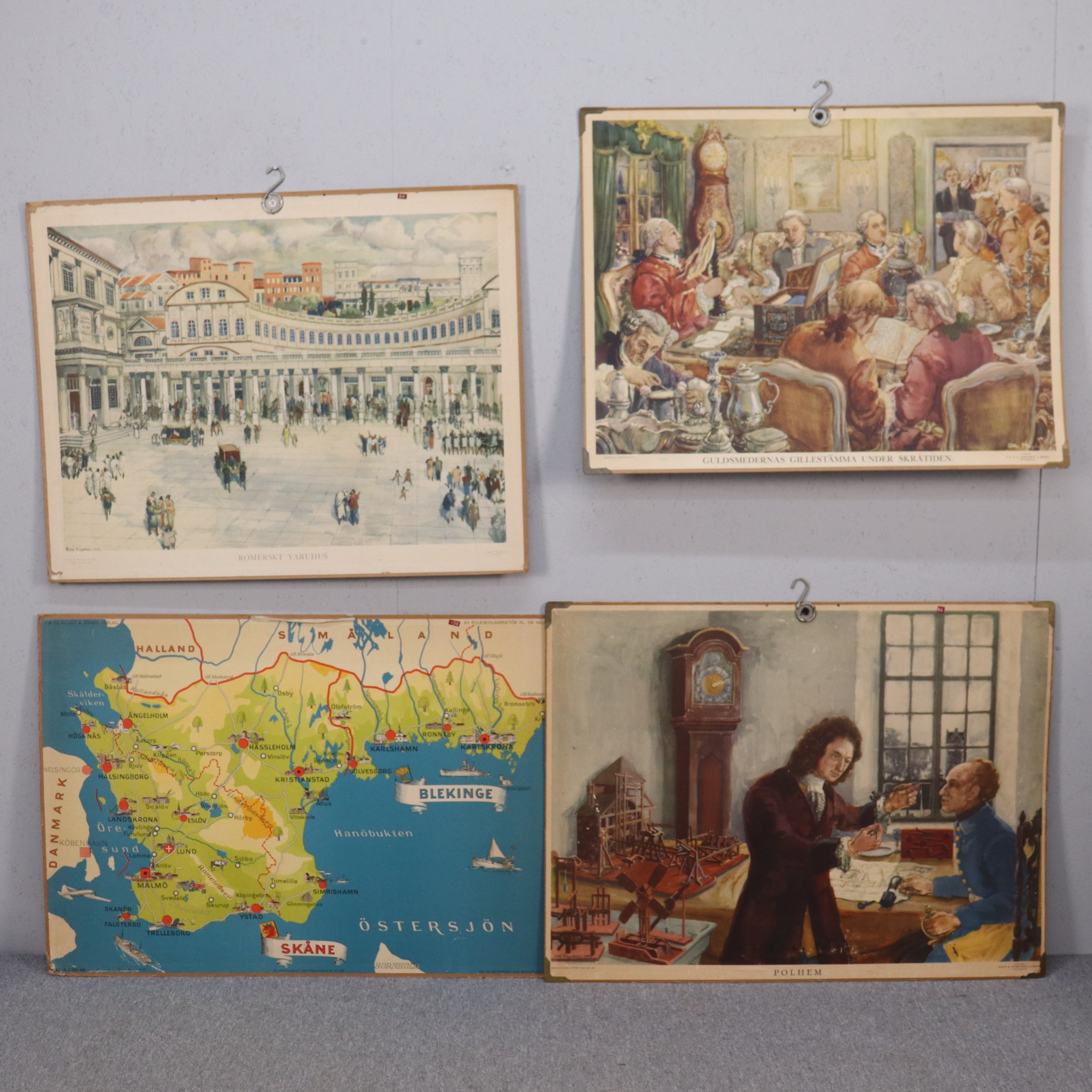 SKOLPLANSCHER, Romerskt varuhus, Guldsmedernas gillestämma under skråtiden, Polhem och Skånekarta, 1930/40-tal, 4 st.