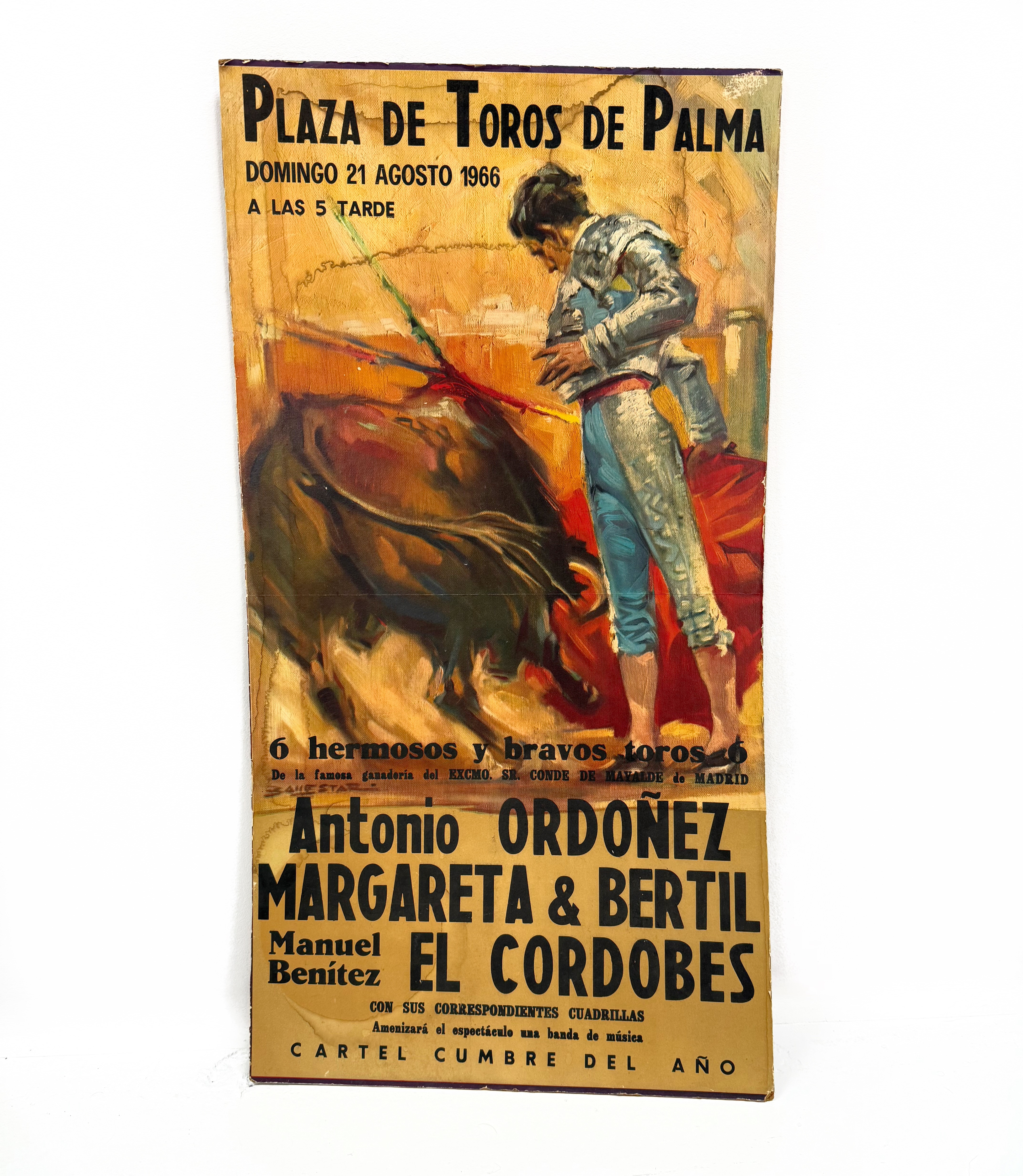 AFFISCH, Tjurfäktning Spanien 1966 Plaza deToros de Palma, Domingo 21 agosto 1966, Antonio Ordonez.
