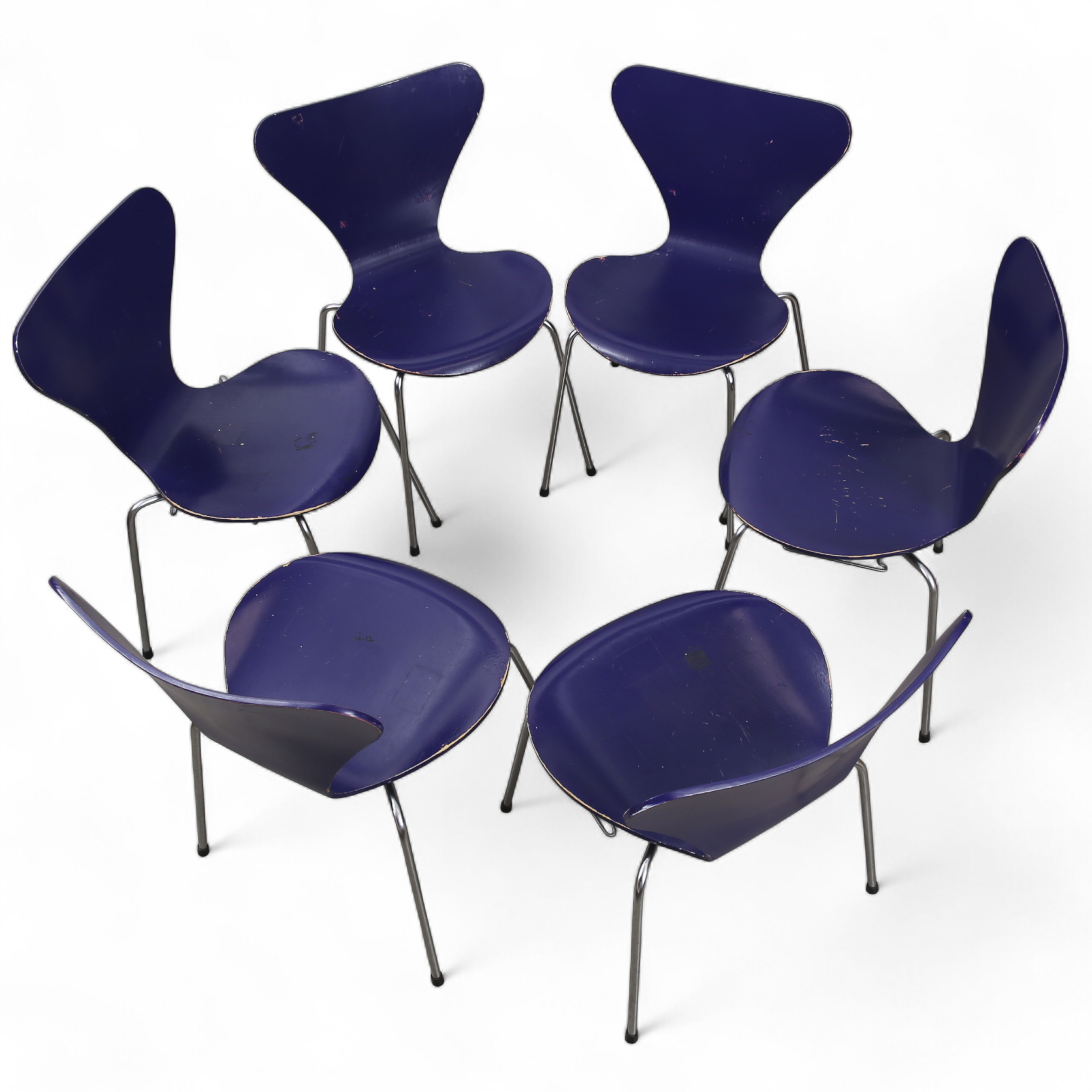 ARNE JACOBSEN. Stolar, "Sjuan", för Fritz Hansen, Danmark, 6 stycken,1970-tal.