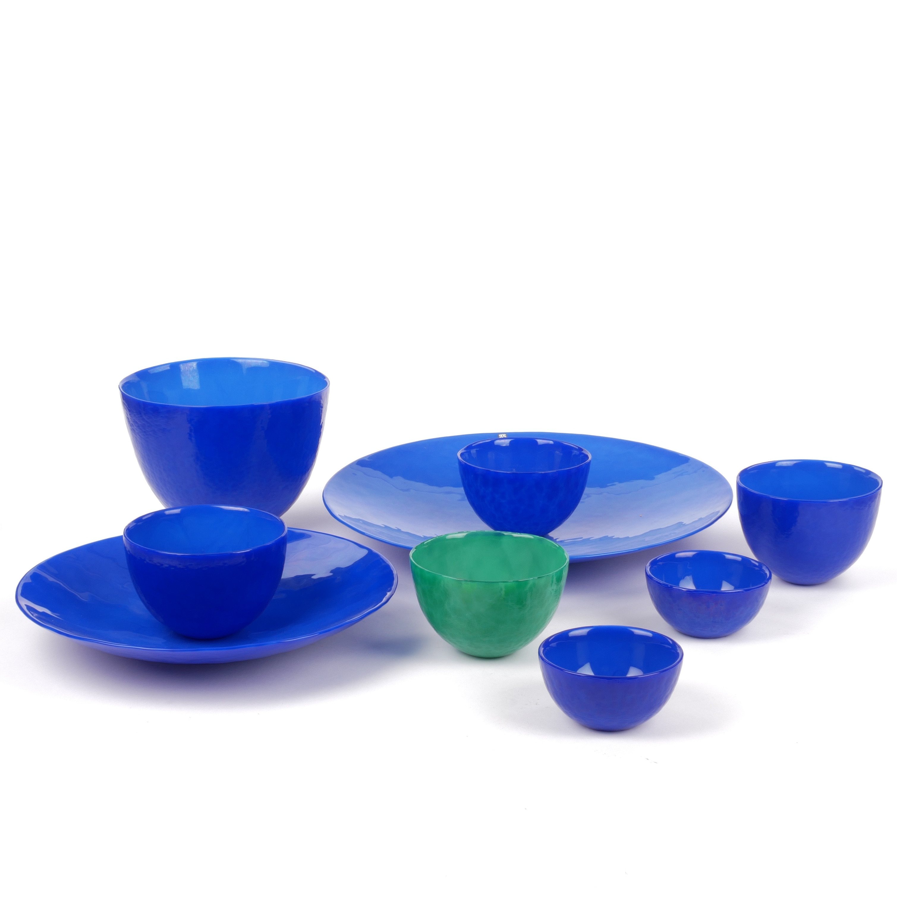 EVA ENGLUND. Skålar och fat, 9 st, "Malakit", glas, Målerås.