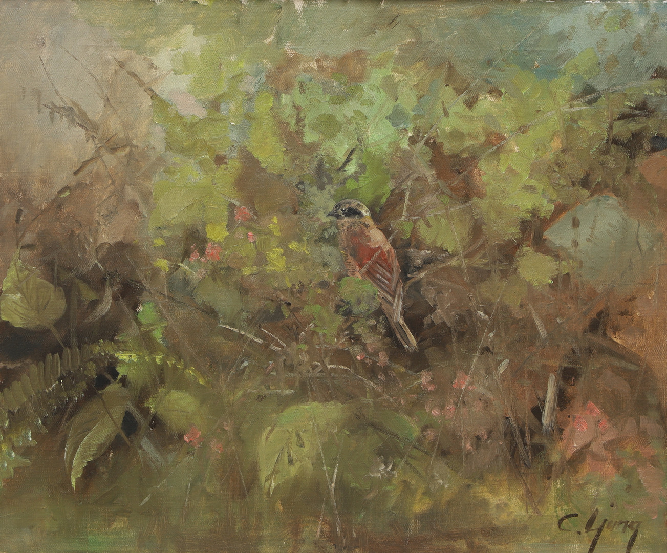 OIDENTIFIERAD KONSTNÄR. Olja på duk, fågel i buske, signerad C Ljung.