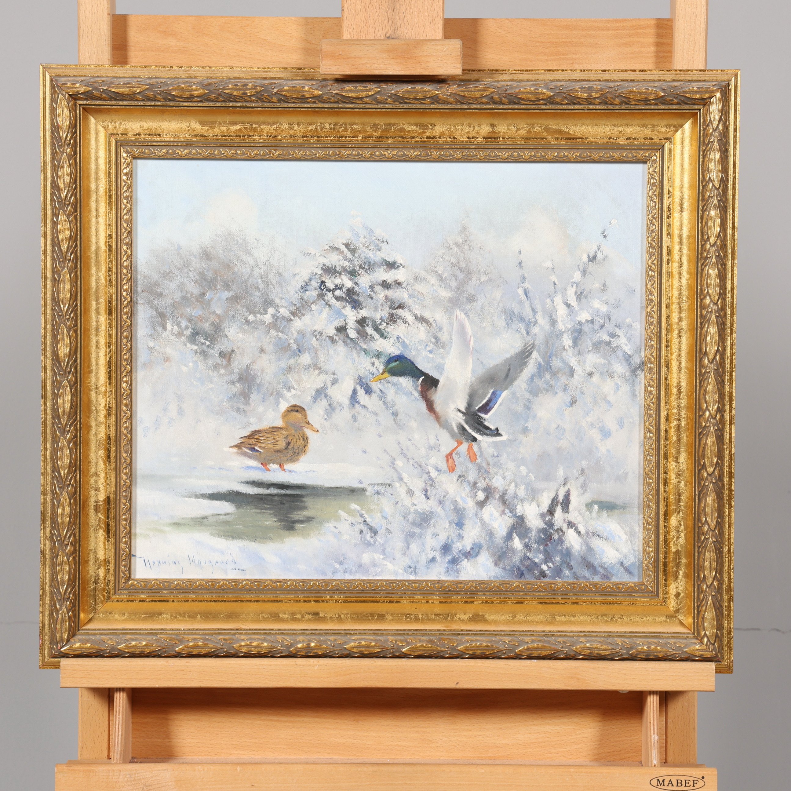 HENNING HOUGAARD. OLJA PÅ DUK, vinterlandskap med fåglar, signerad.