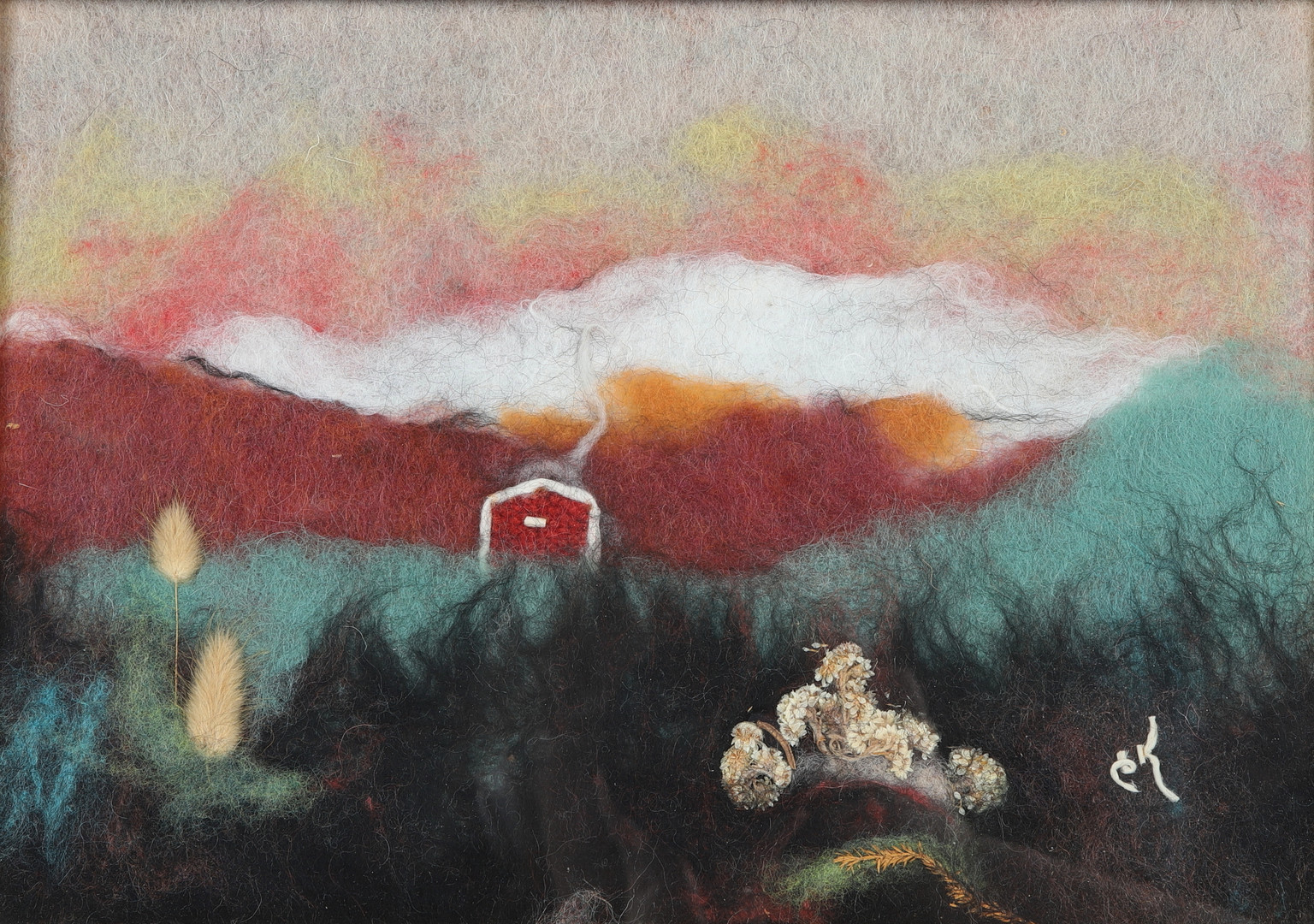 EVY KARLSTEN. Landskap, ull samt naturmaterial, blandteknik, monogramsignerad EK.