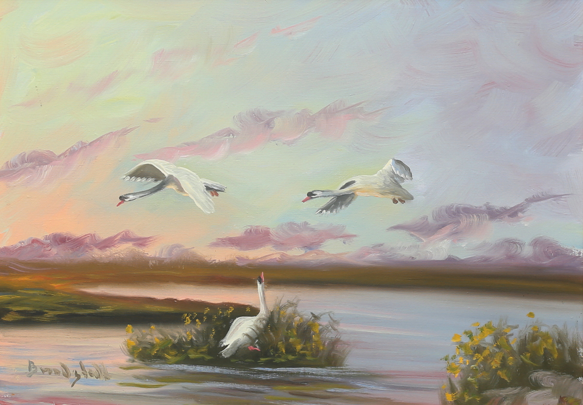 OIDENTIFIERAD KONSTNÄR. Olja på duk, svanar, signerad Brandstedt.