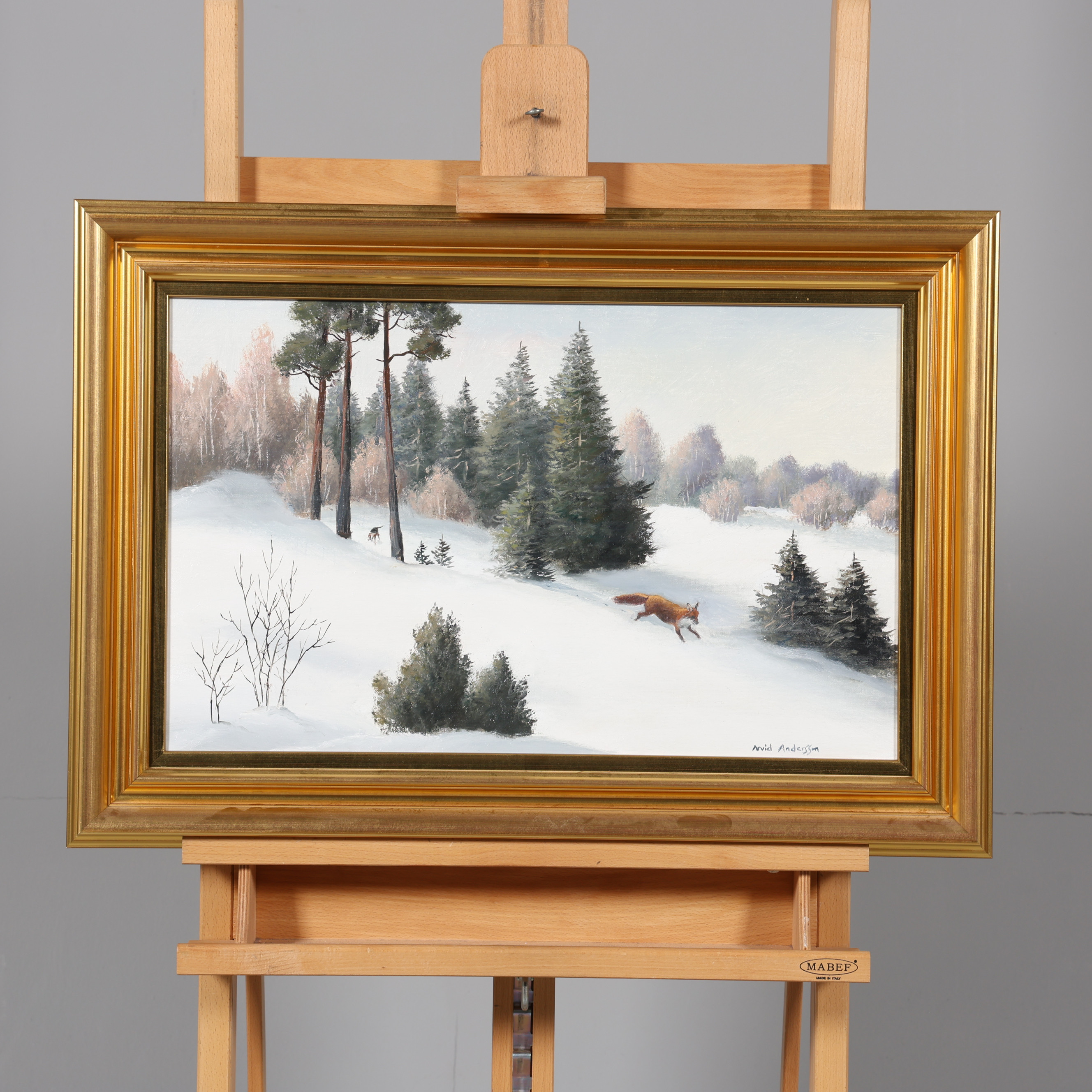 ARVID ANDERSSON. OLJA PÅ DUK, vinterlandskap med räv, signerad.