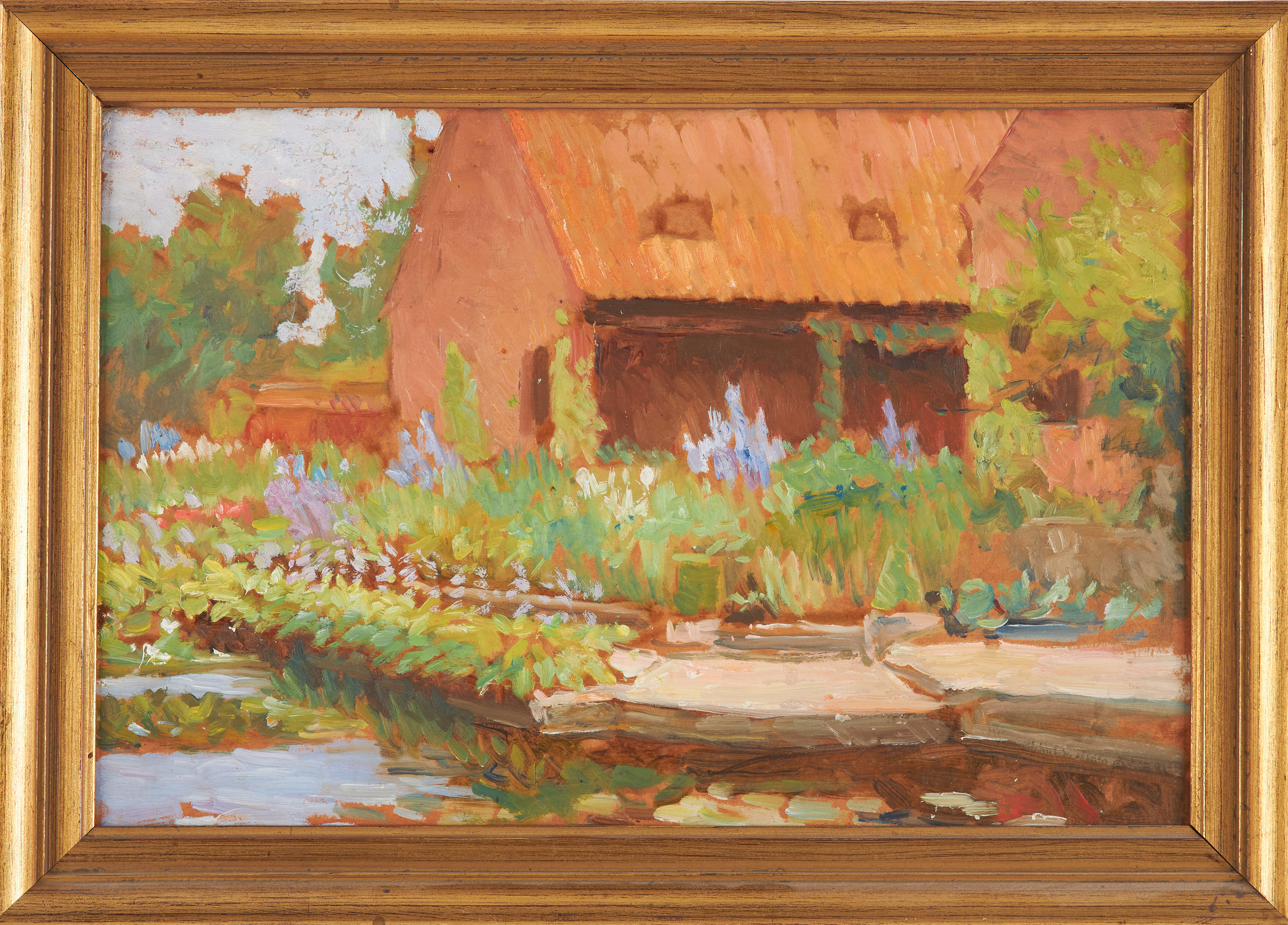 OSCAR BJÖRCK. TILLSKRIVEN. Röd lada vid vatten, olja på pannå.