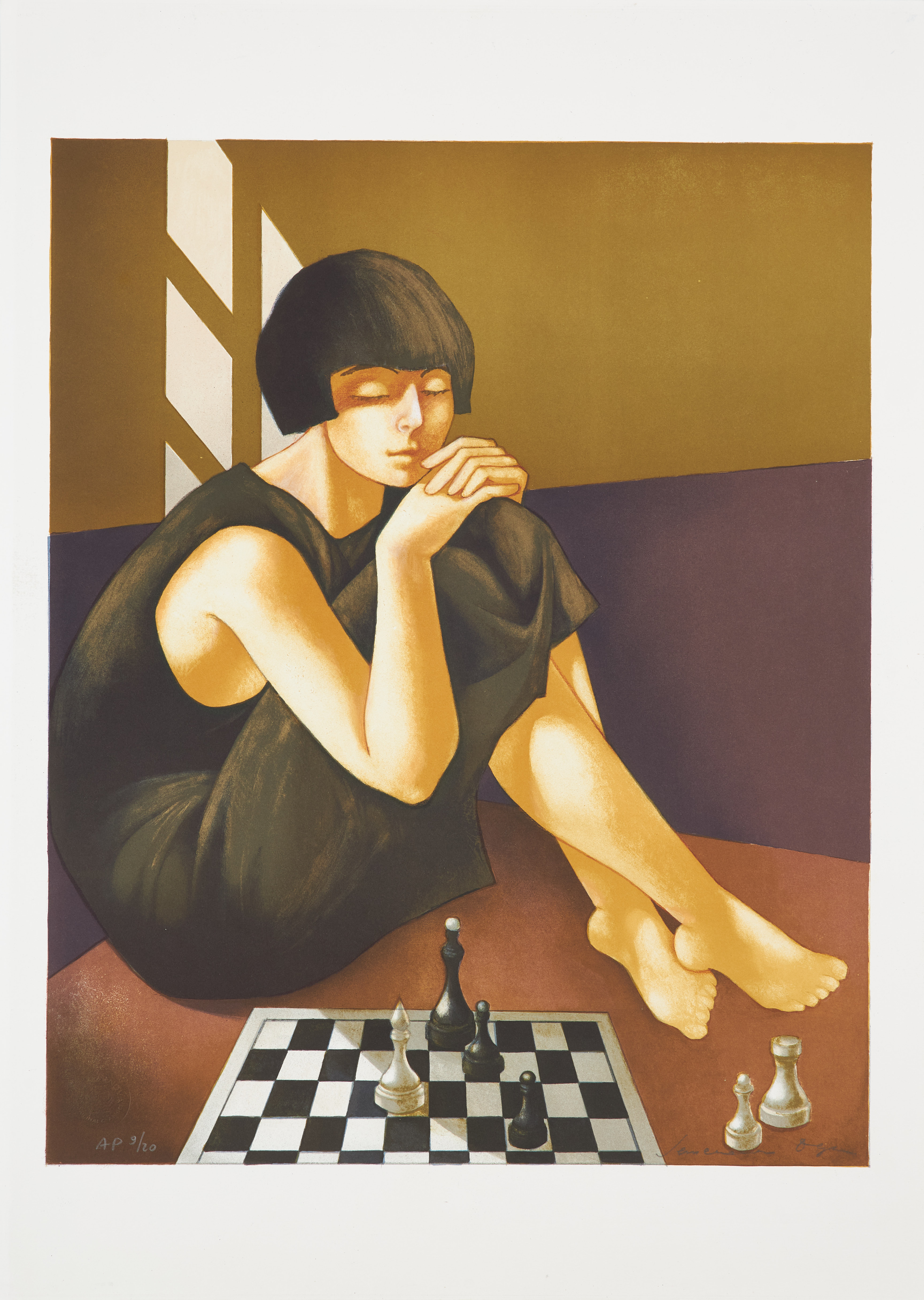 OLGA SEMENOVA. "Chess". färglitografi, signerad och numrerad AP 9/20.