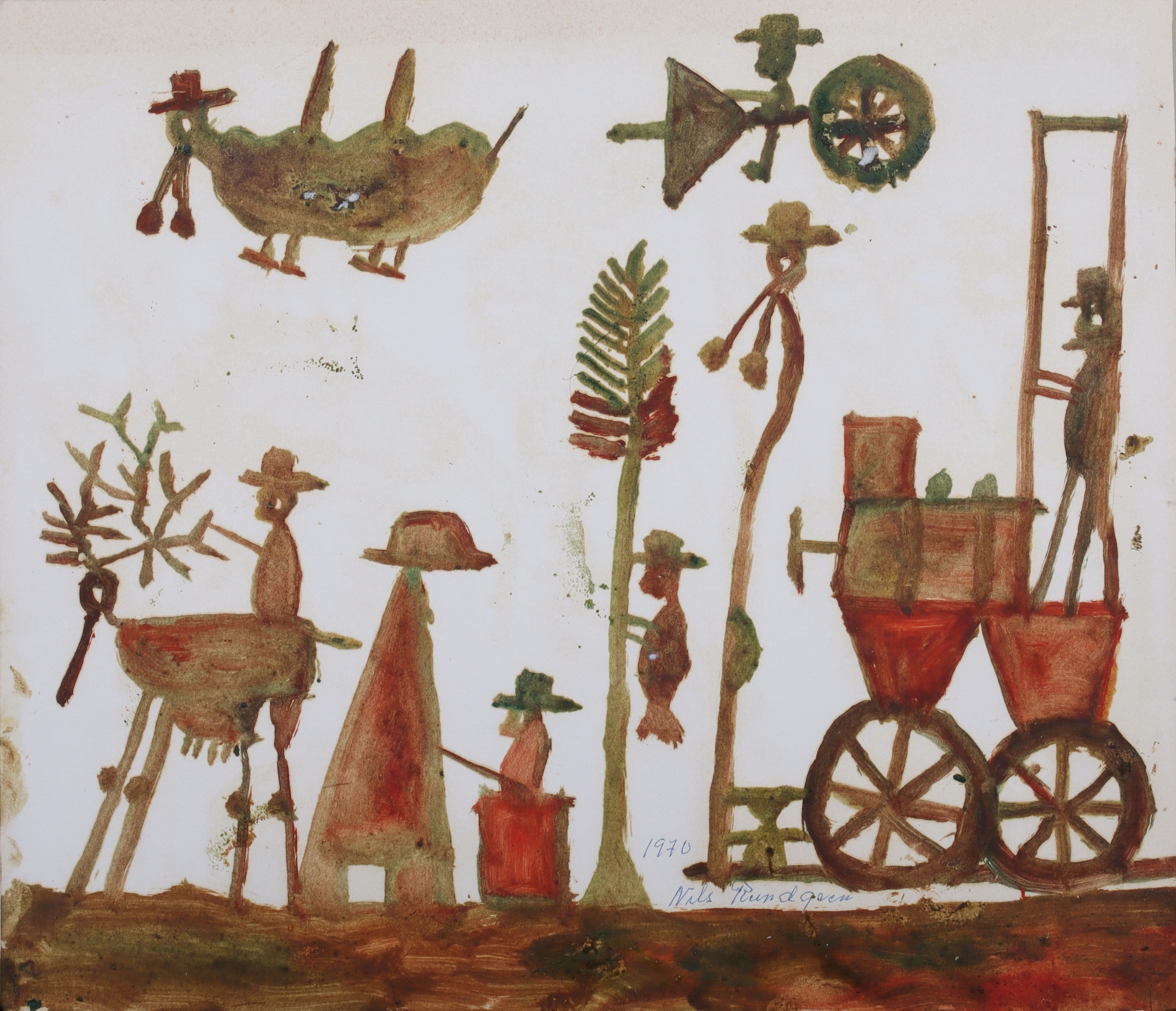 NILS "BJÖRNJÄGAREN" RUNDGREN. Komposition med figurer, blandteknik på papper, signerad och daterad 1970.