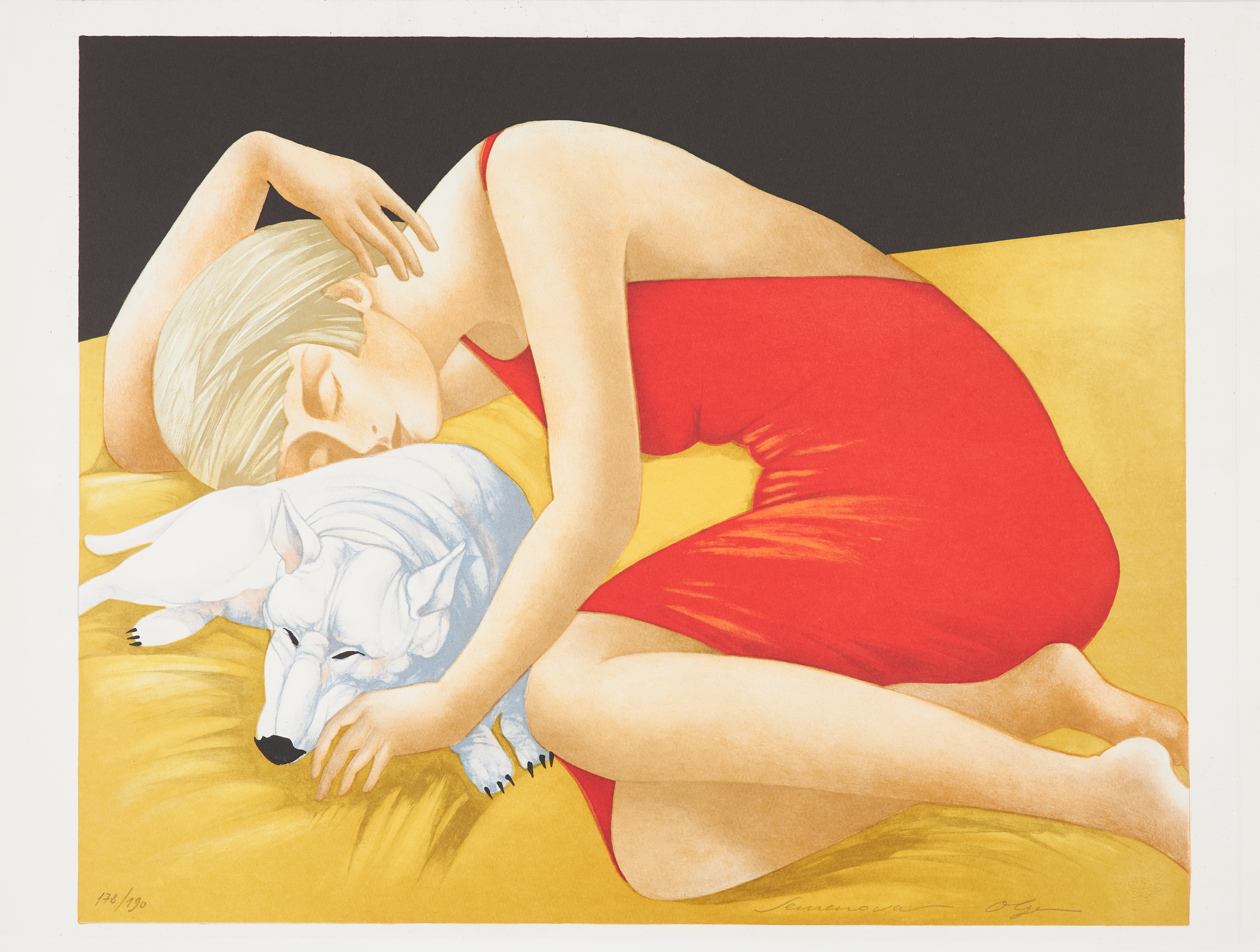 OLGA SEMENOVA. Kvinna med hund, färglitografi, signerad och numrerad 178/190.