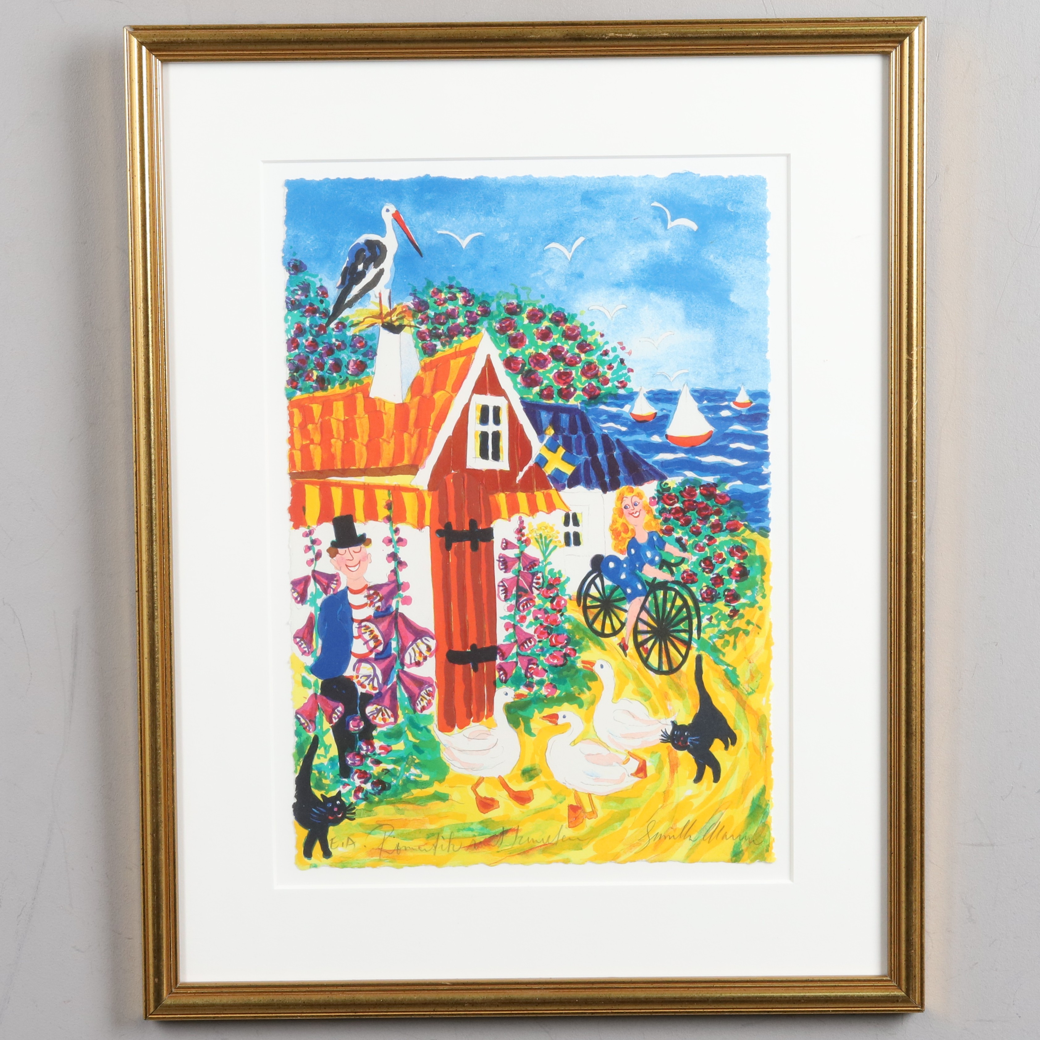 GUNILLA MANN. Färglitografi, "Romantik runt knuten", épreuve d'artiste signerad.