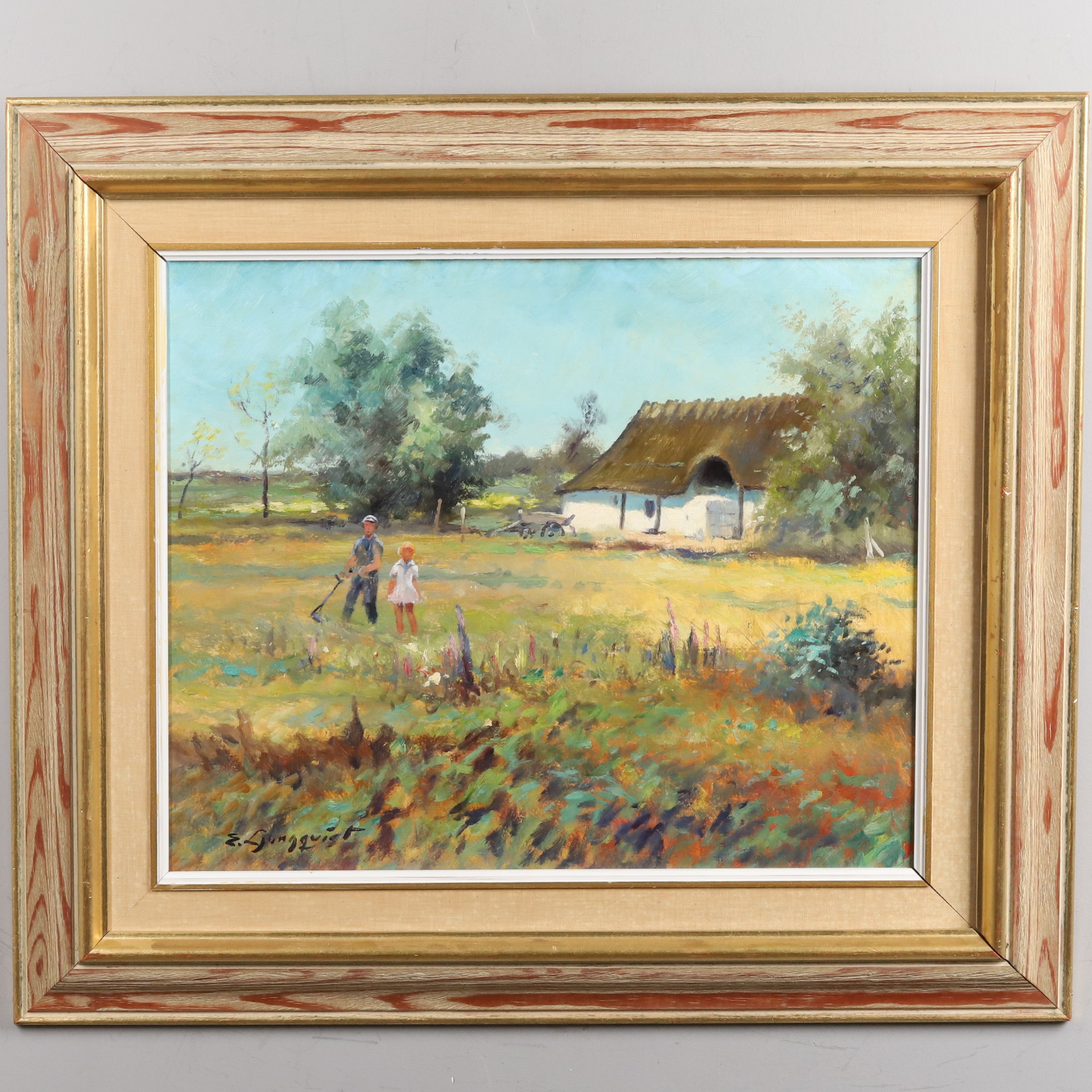 OIDENTIFIERAD KONSTNÄR. Olja på pannå, "Gårdsmotiv", signerad E. Ljunqvist.