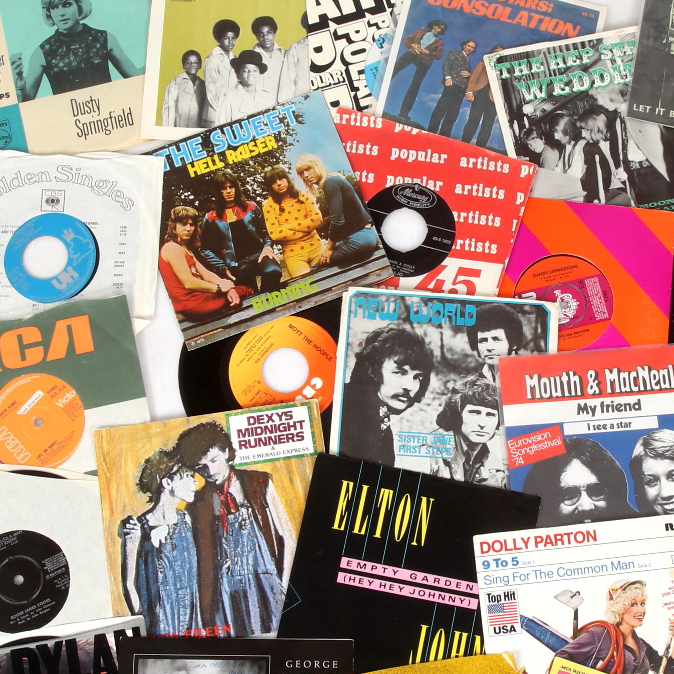 SINGEL & EP-skivor, 29 st, Hep Stars, Dusty Springfield, Elvis Presley, Sweet, Bob Dylan, Dolly Parton, mfl. 1960-80-tal.