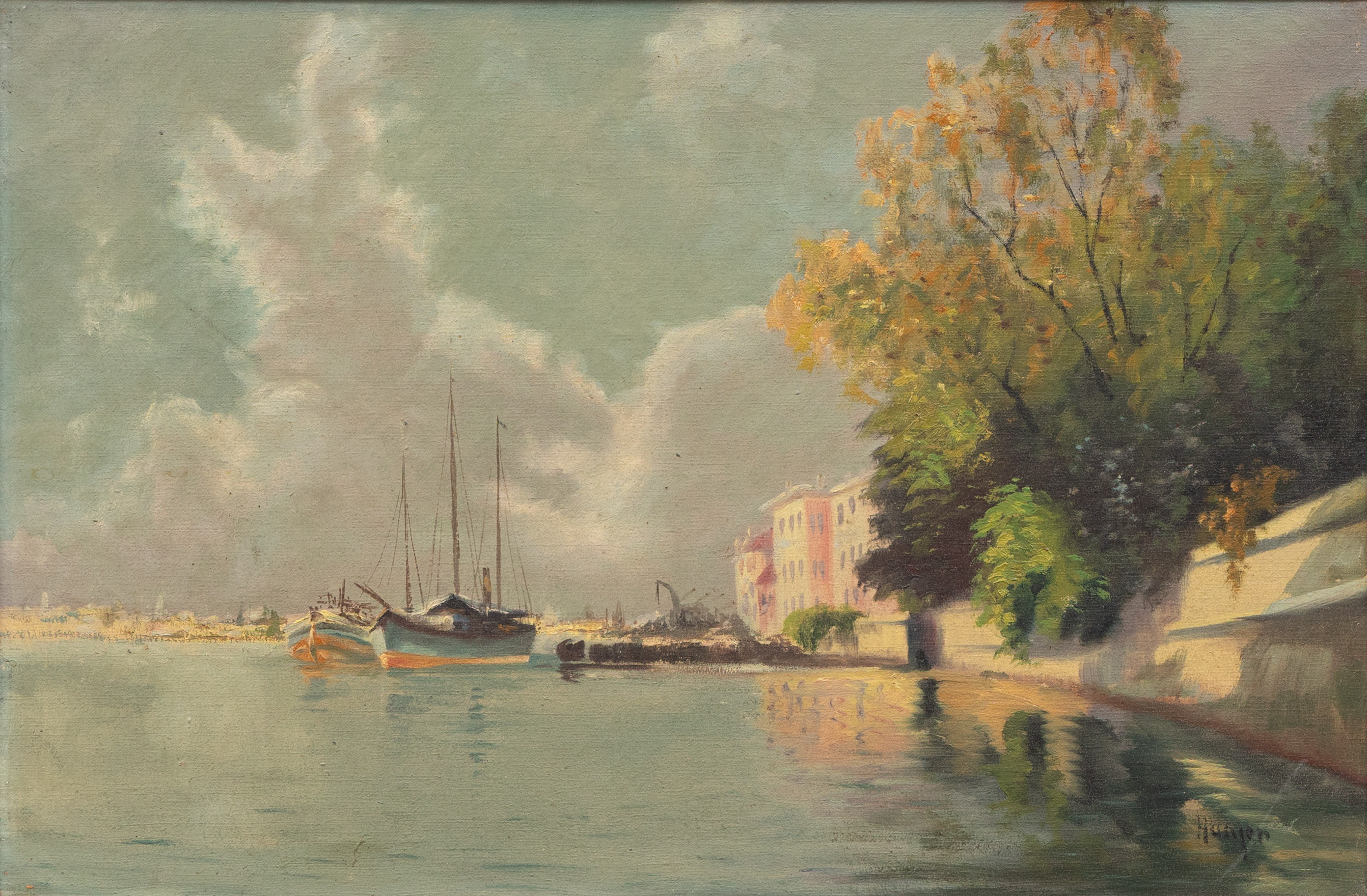 OIDENTIFIERAD KONSTNÄR. Hamnmotiv, olja på duk, signerad Hunger.