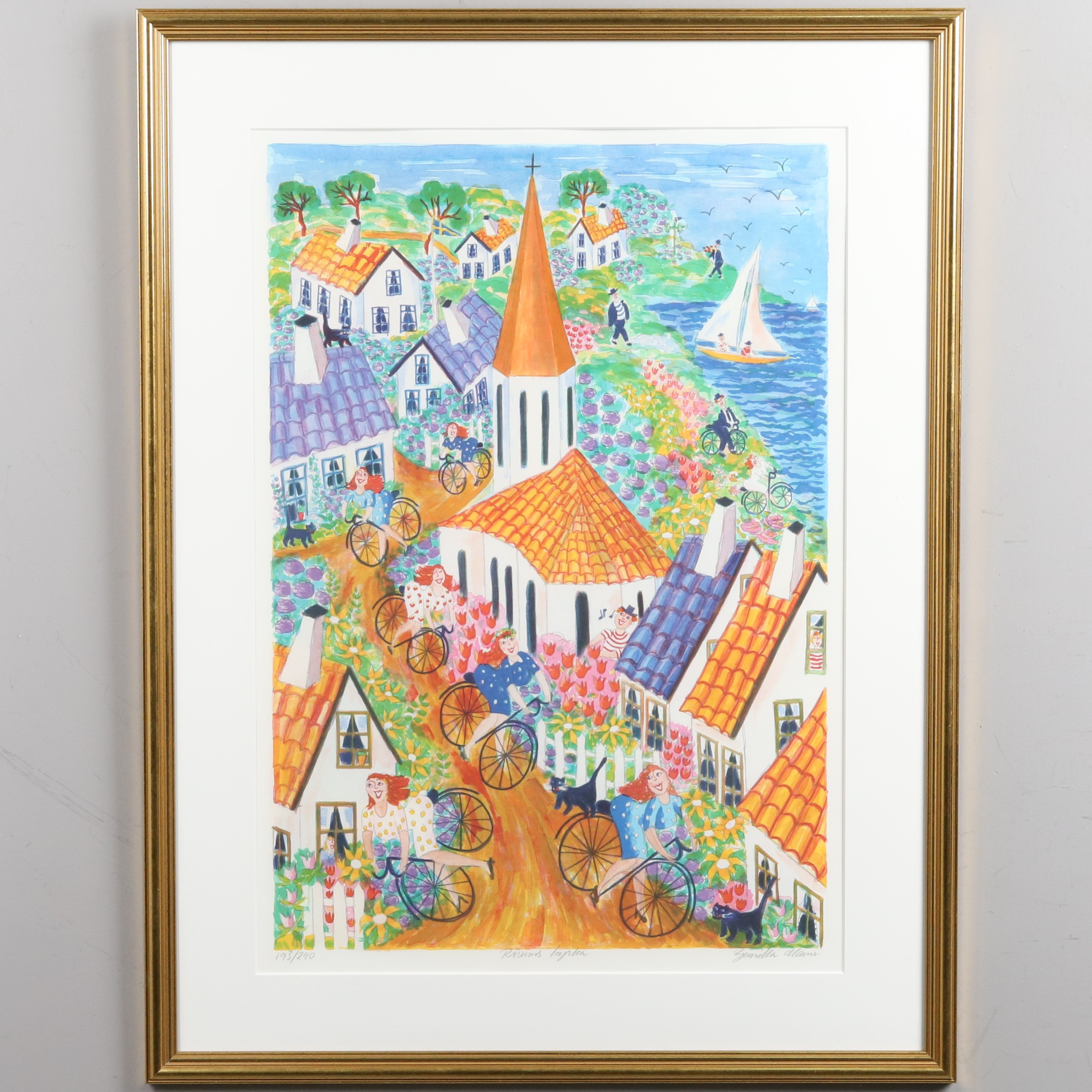 GUNILLA MANN. FÄRGLITOGRAFI, " Rörums kyrka", signerad, 193/290.