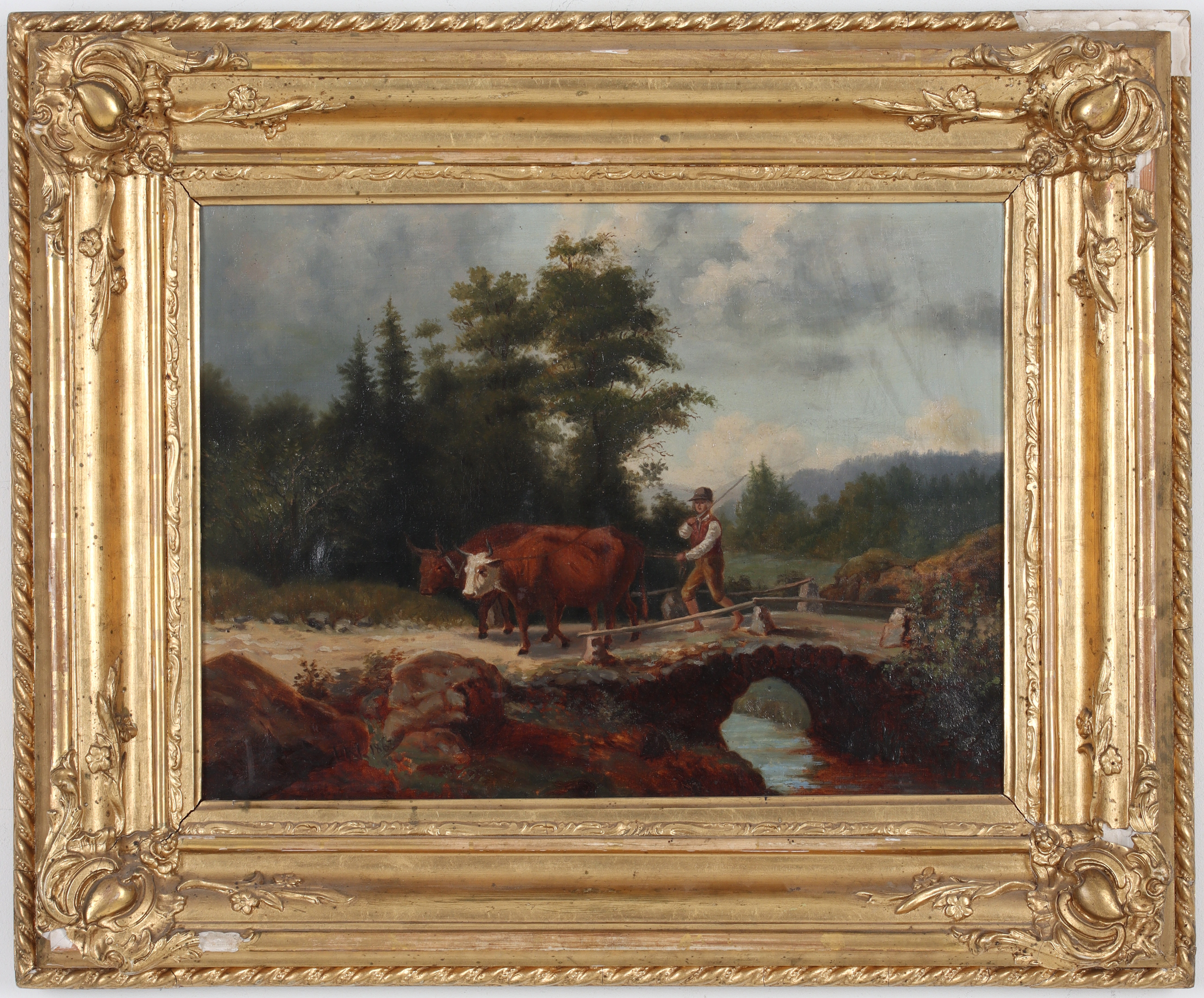 OIDENTIFIERAD KONSTNÄR. Pojke med tjurar, olja på duk, monogramsignerad och daterad 1863.