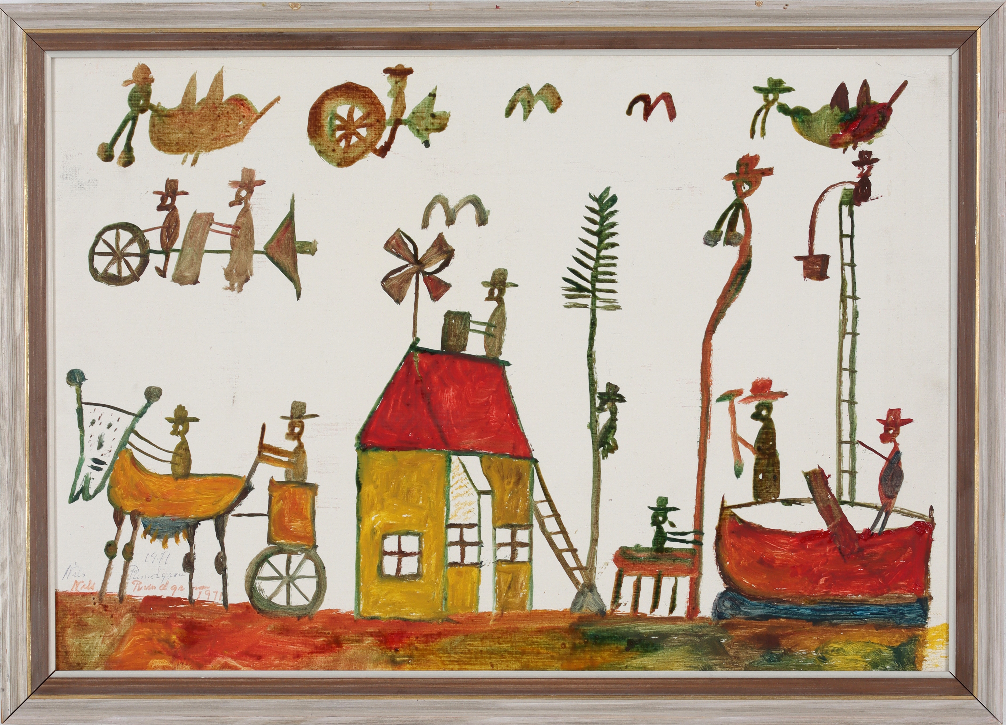 NILS "BJÖRNJÄGAREN" RUNDGREN. Komposition med figurer, blandteknik på pannå, signerad och daterad 1971.