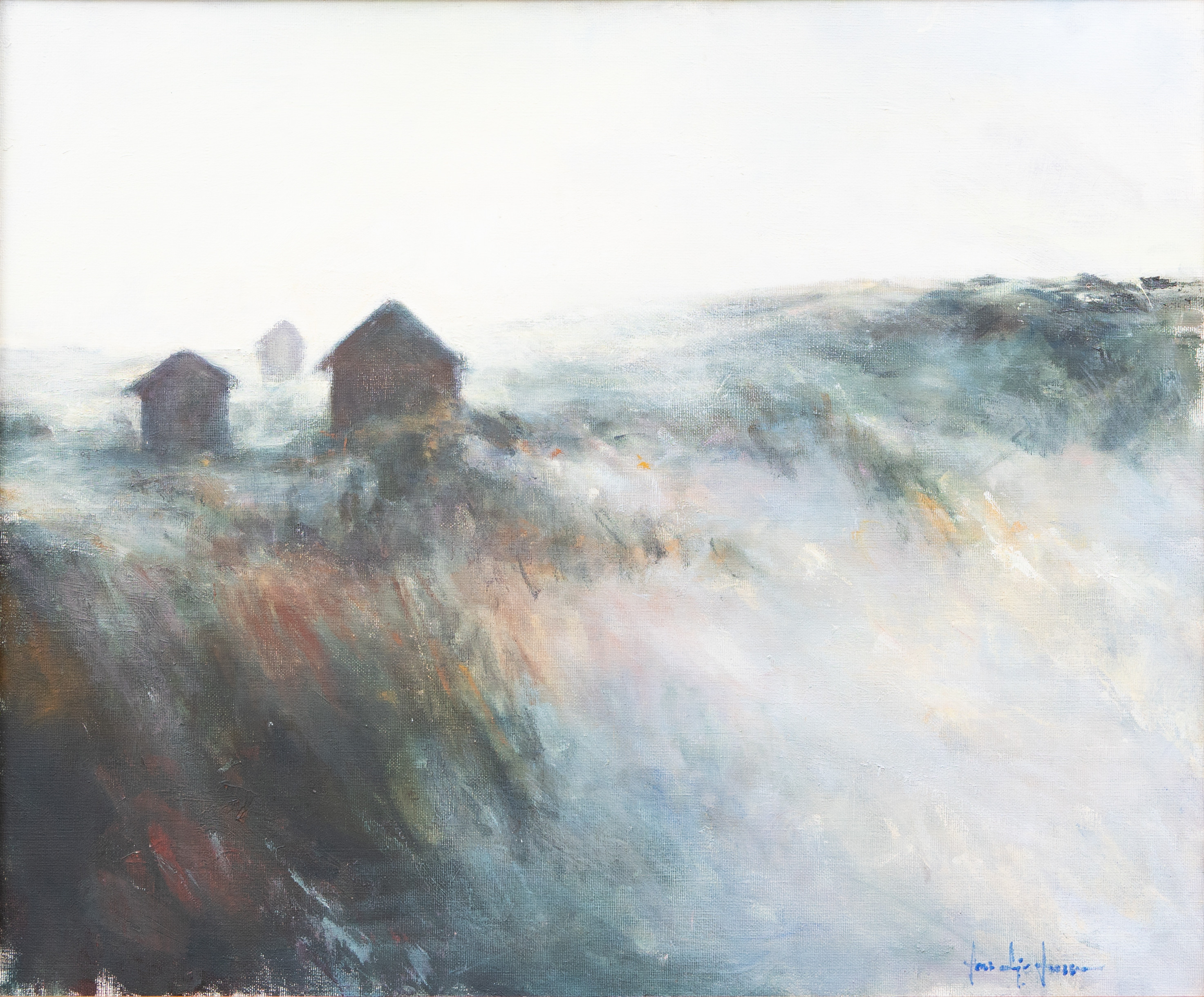 OIDENTIFIERAD KONSTNÄR. Hus i landskap, olja på duk, otydligt signerad .... Jansson.