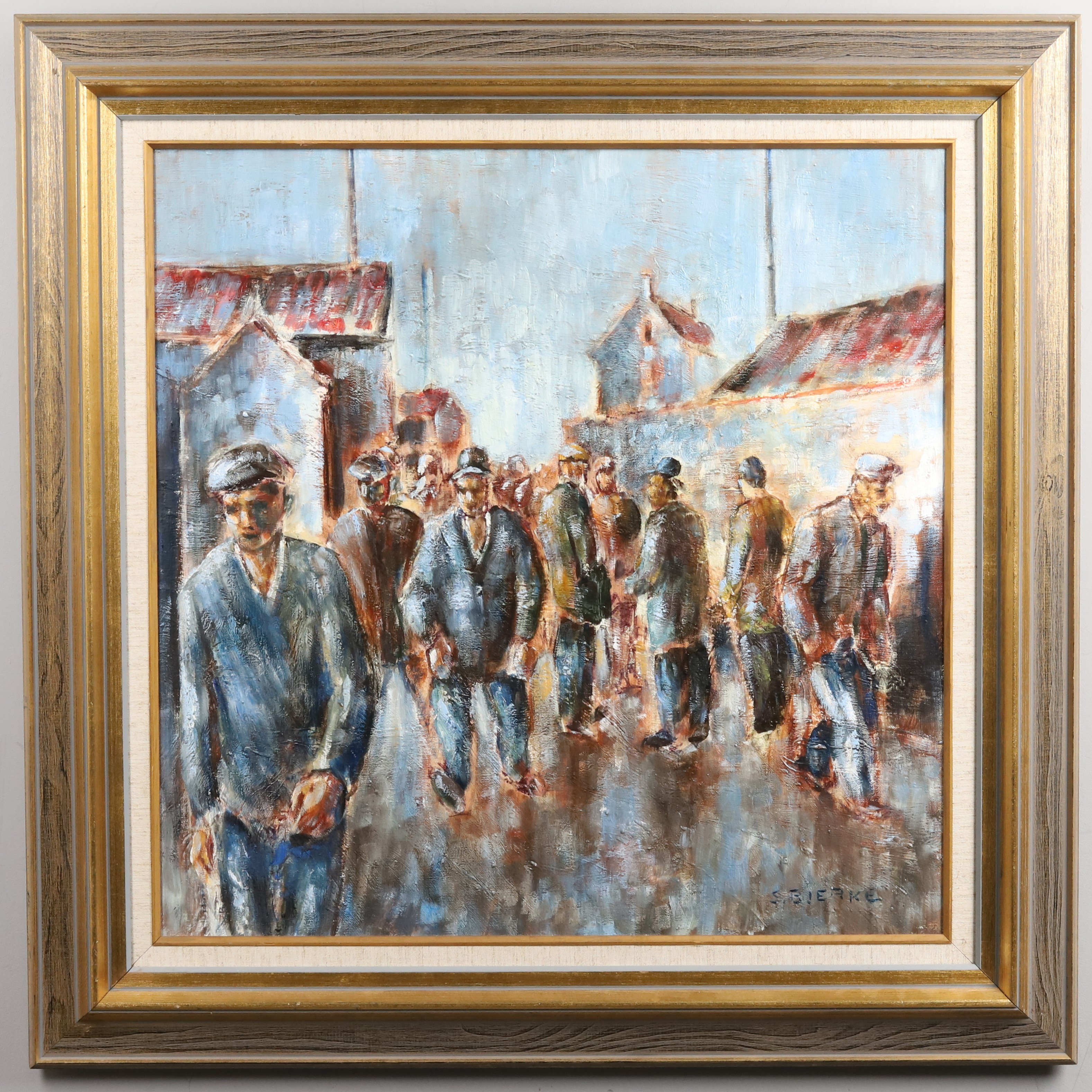 SVEN BJERKE. Olja på duk, "Folksamling", signerad.