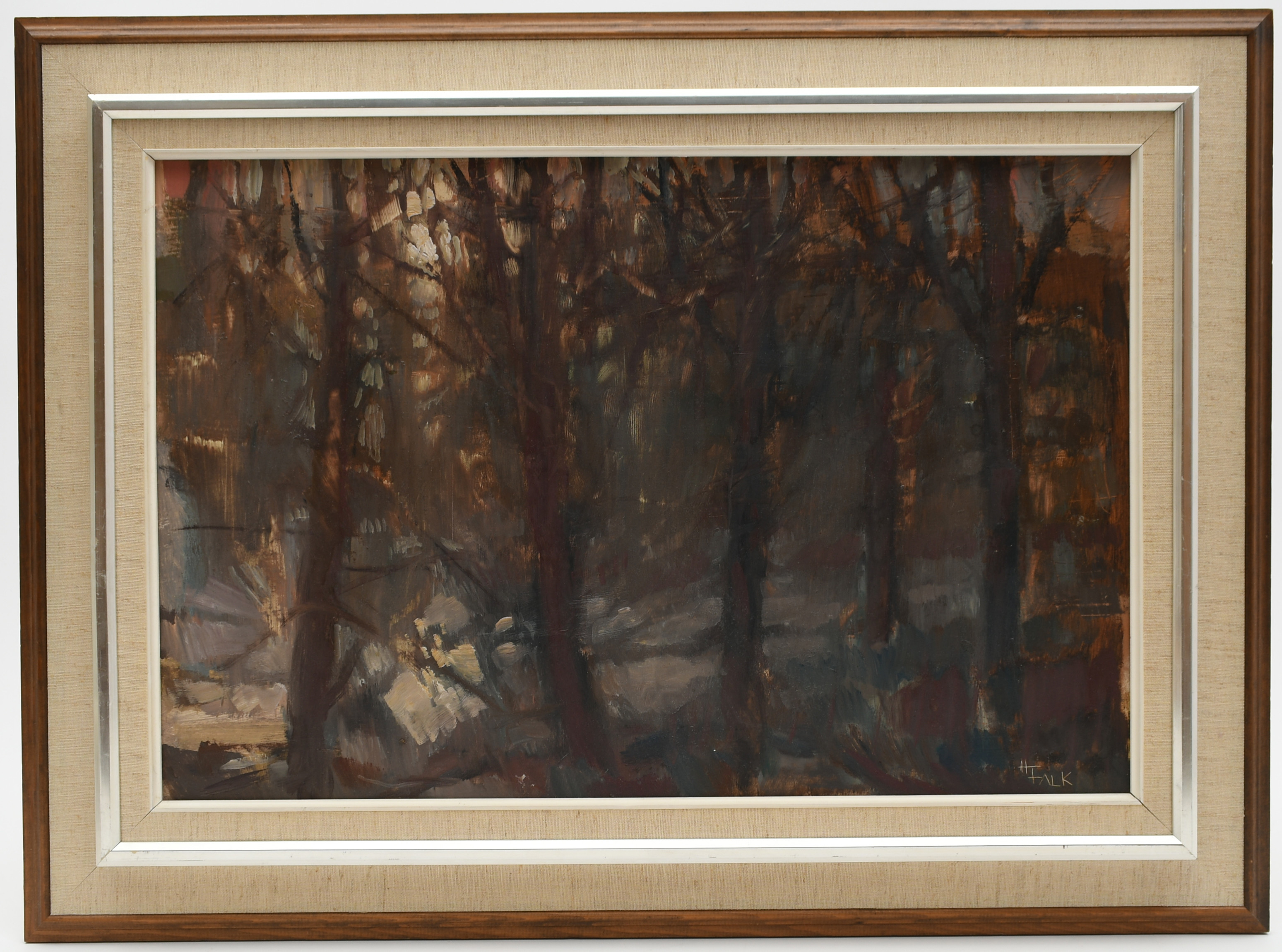 HILDEGARD FALK. Skogsparti från Öved. Olja på pannå.