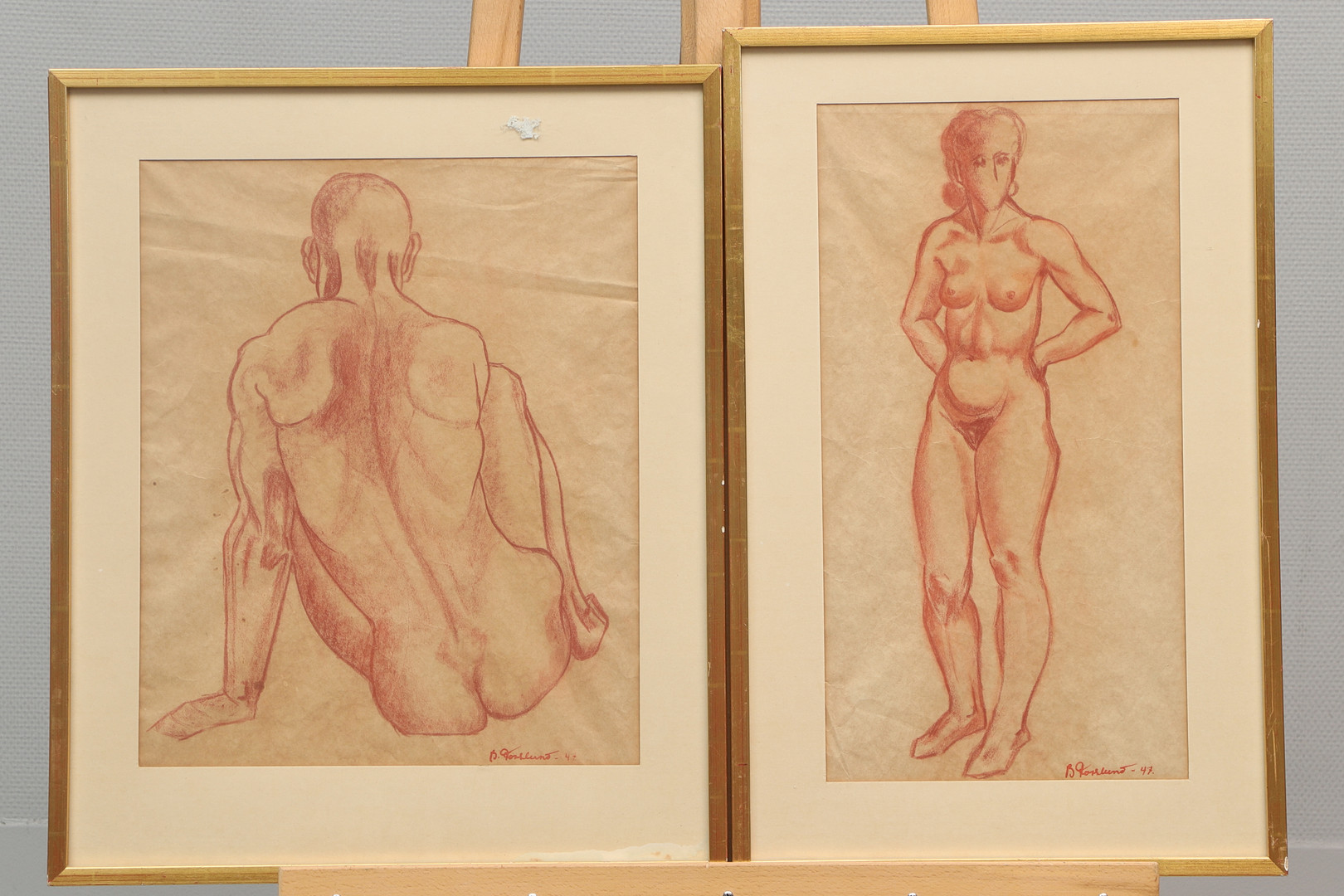 BROR FORSLUND. Teckningar, 2 st, rödkrita, nakenstudie, signerade.