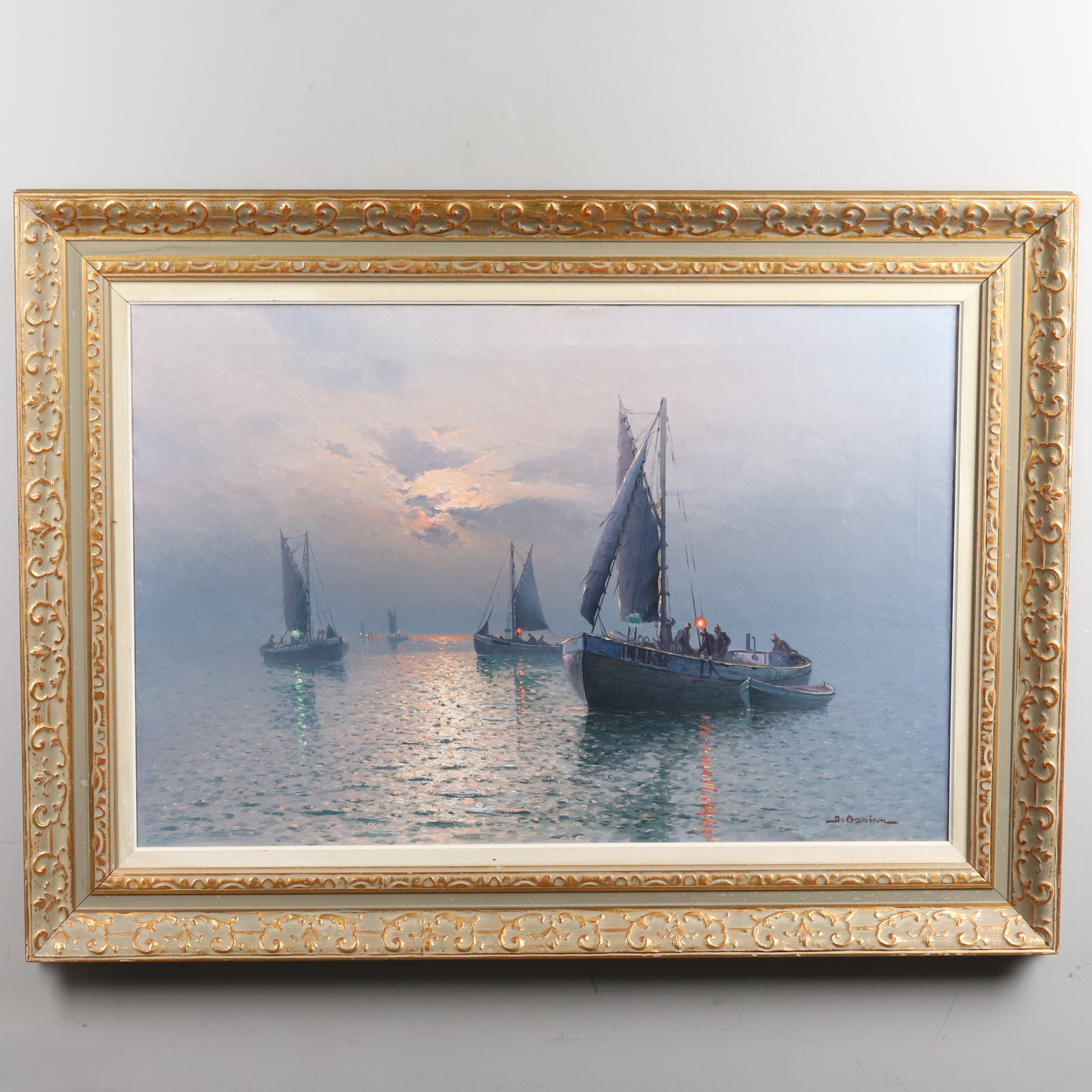 JOHAN OSSIAN ANDERSSON (1889-1975) Olja på duk, "Fiskebåtar i gryningsljus", signerad.