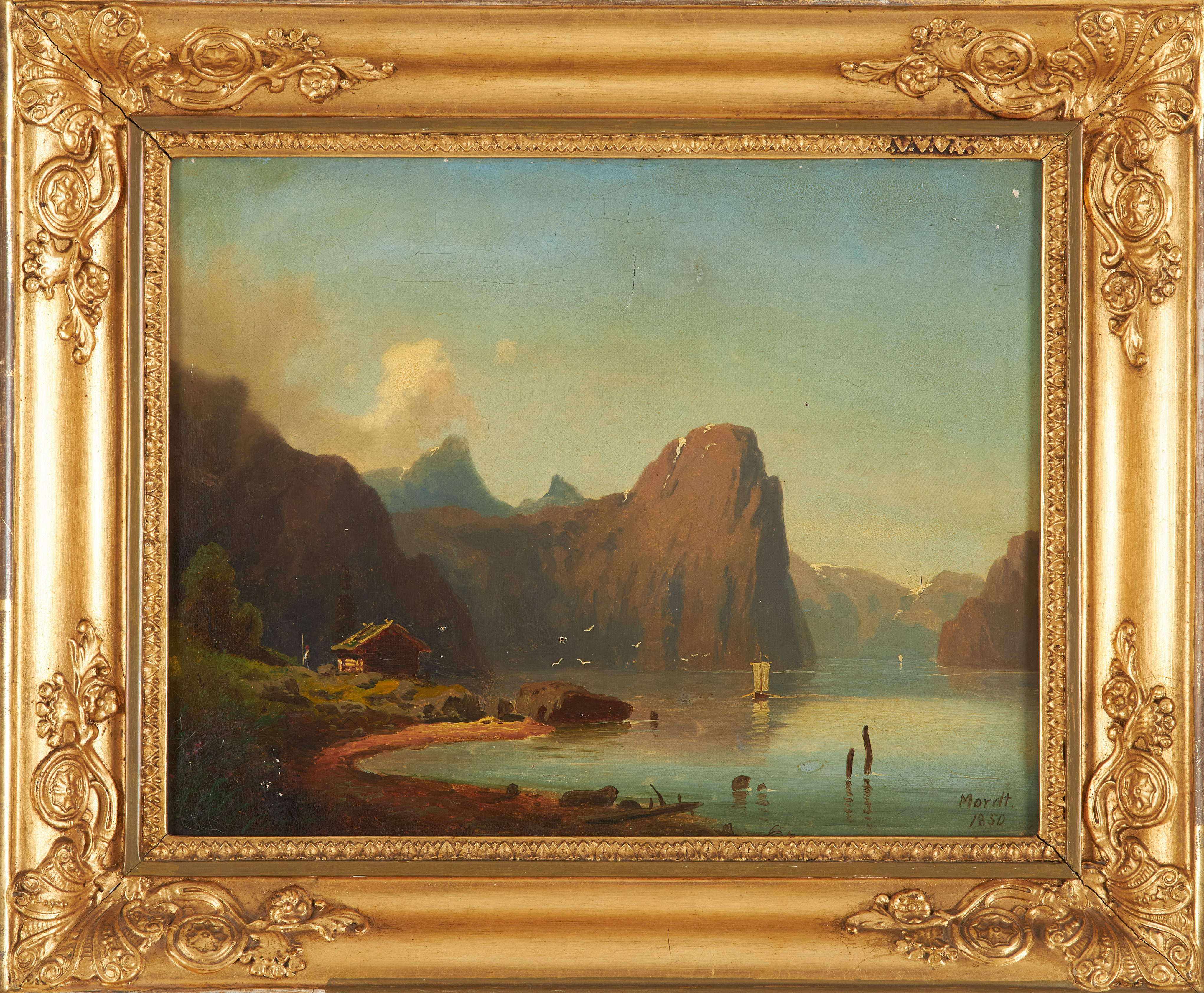 GUSTAF ADOLF MORDT. (1826-1856), Norskt fjordlandskap, olja på duk, signerad och daterad G Mordt 1850.