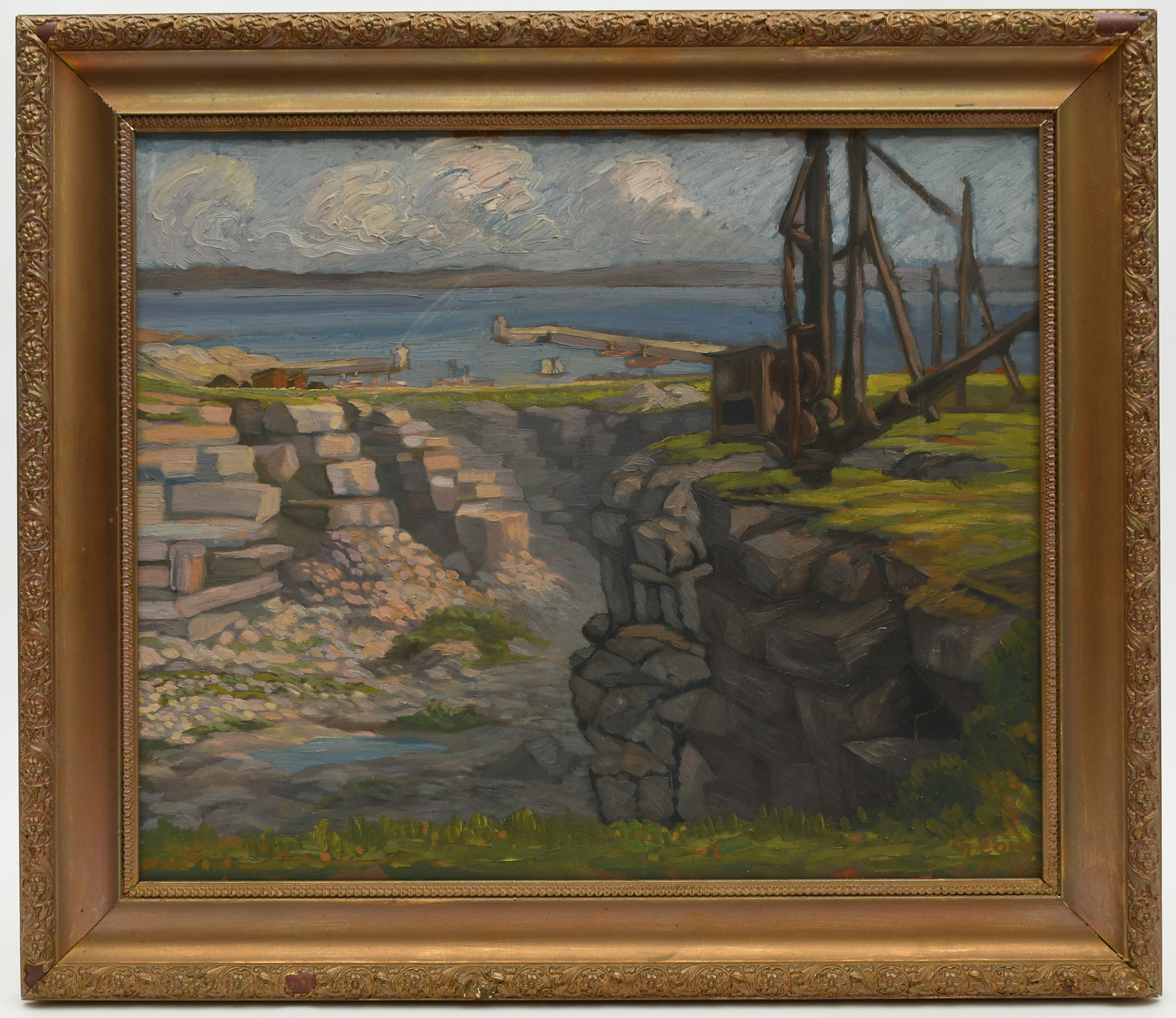 OIDENTIFIERAD KONSTNÄR. Motiv med hamn. Olja på pannå.