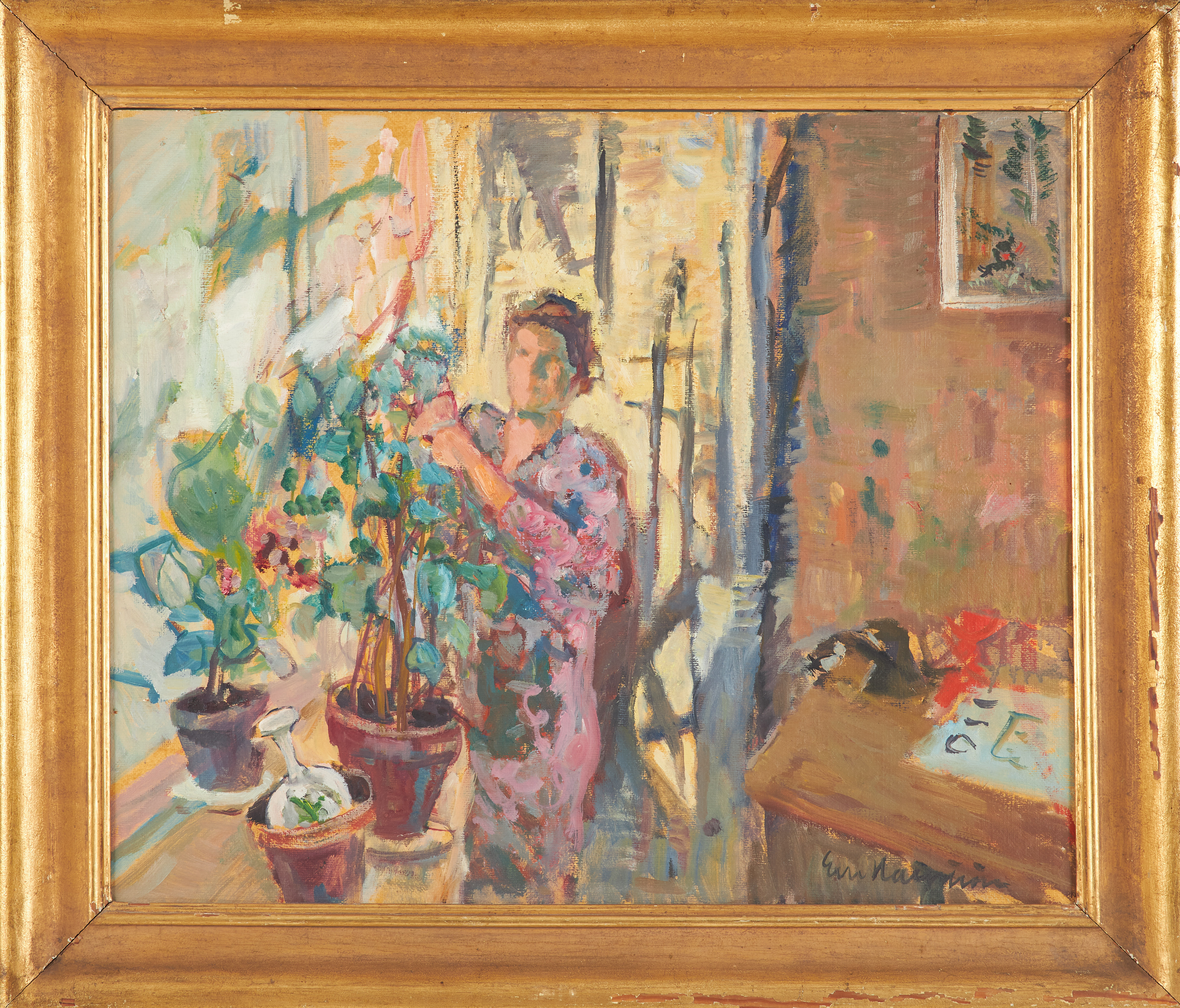 ERIC HALLSTRÖM. kvinna vid krukväxter, olja på pannå.