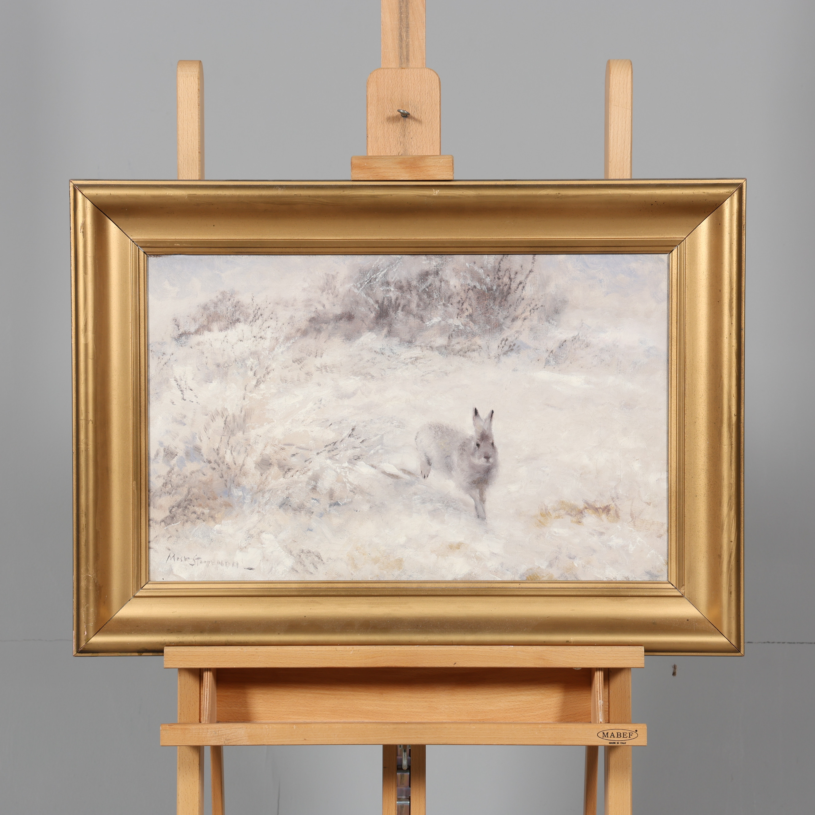 MOSSE STOOPENDAAL. OLJA PÅ DUK, hare i vinterlandskap, signerad.