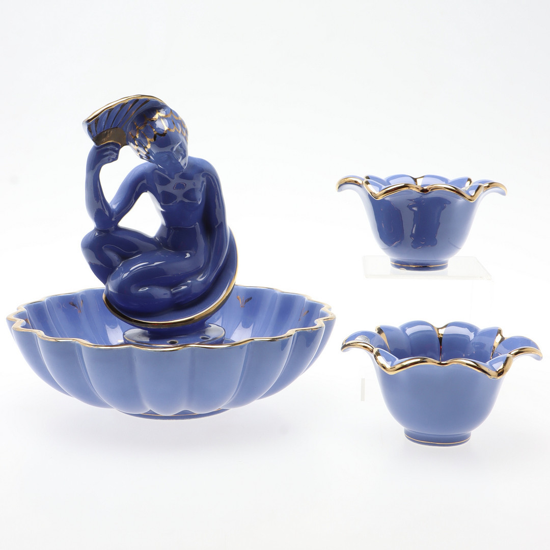 ARTHUR PERCY / EUGEN TROST. Blomskål & ljusstakar, 4 delar, "Safir", Upsala Ekeby / Gefle.