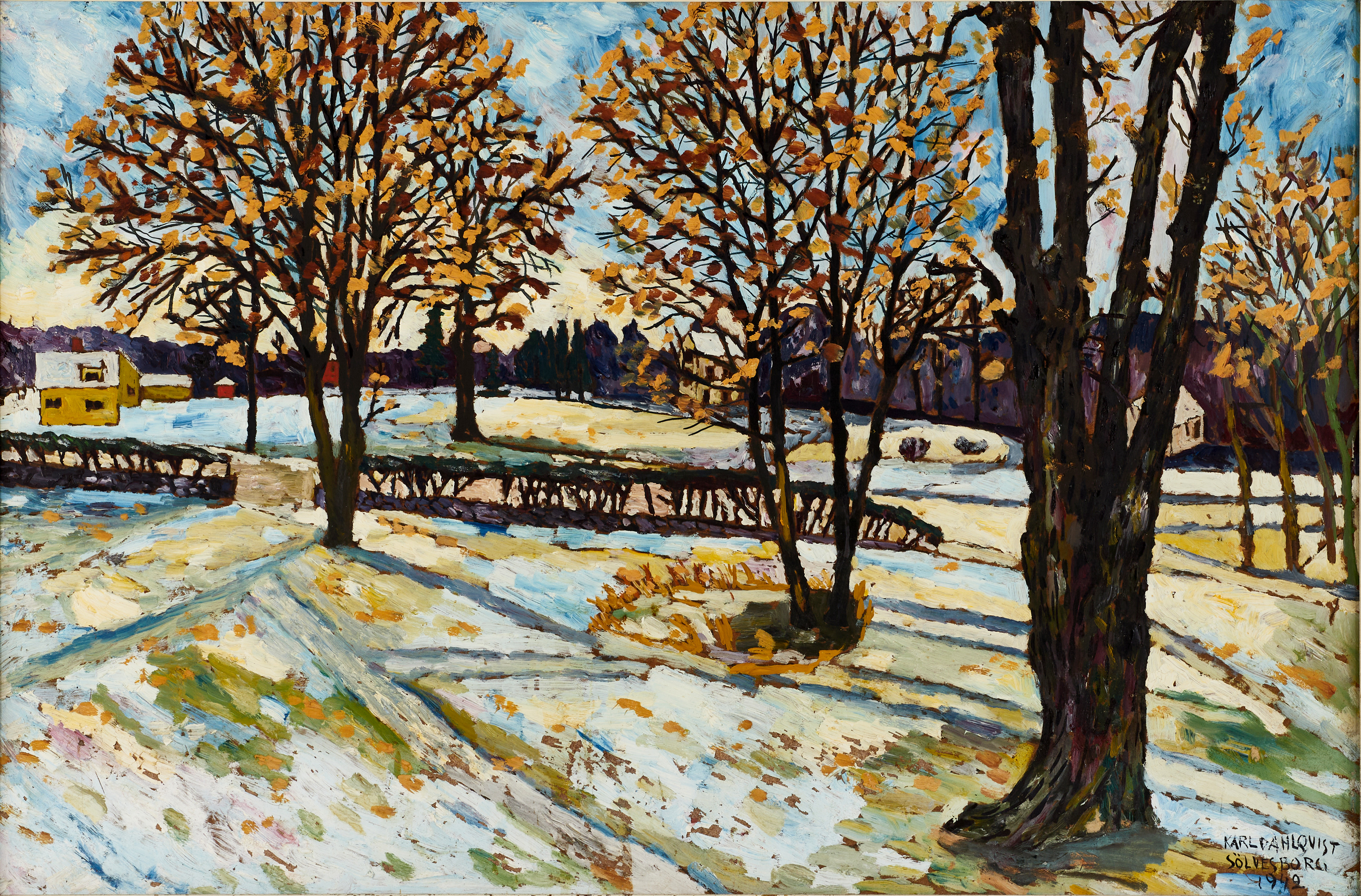 KARL DAHLQVIST (1900-1971). "Sölvesborg", signerad och daterad 1942, olja på pannå.