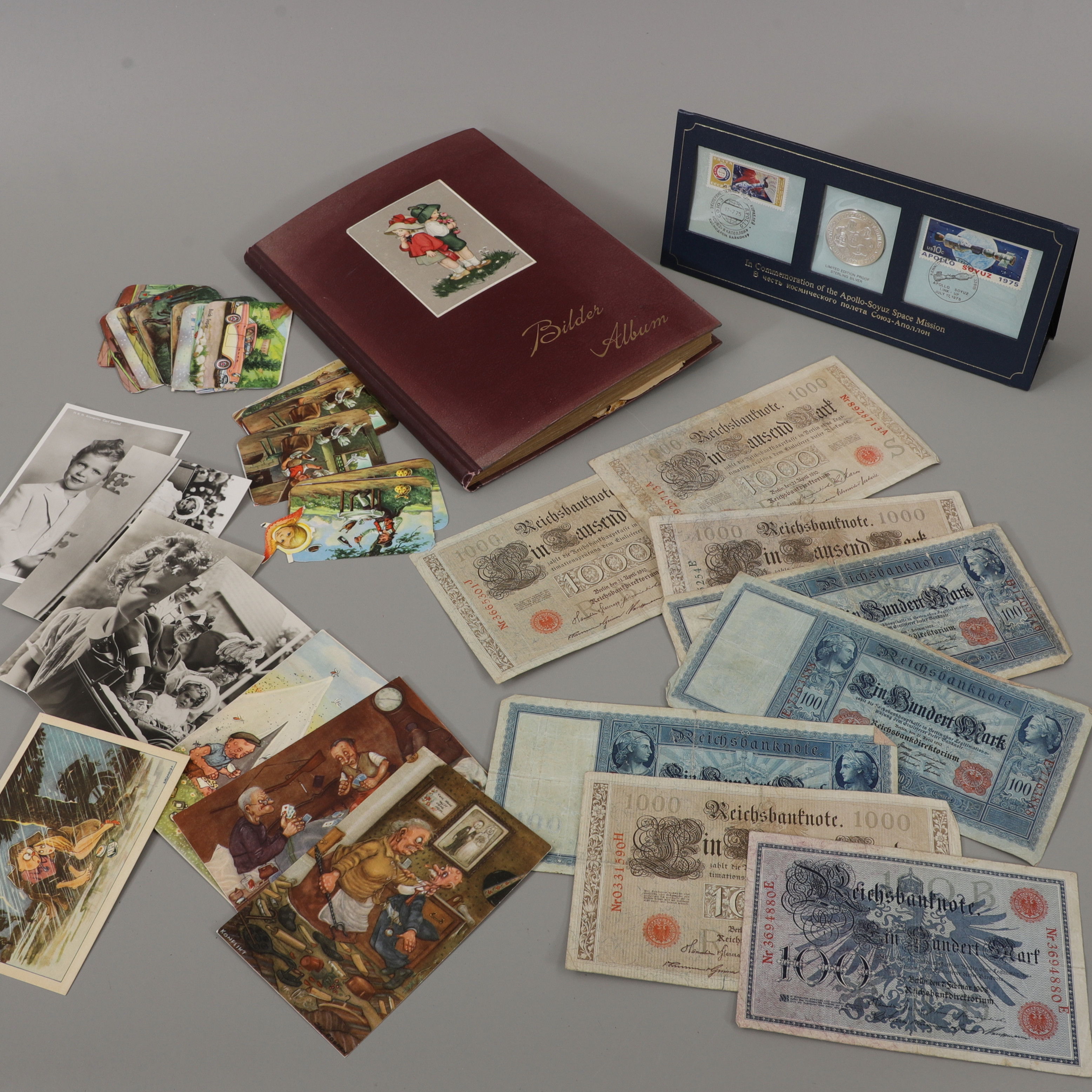 BOKMÄRKEN, SILVERMYNT, VYKORT, SEDLAR, parti, 1900-tal.