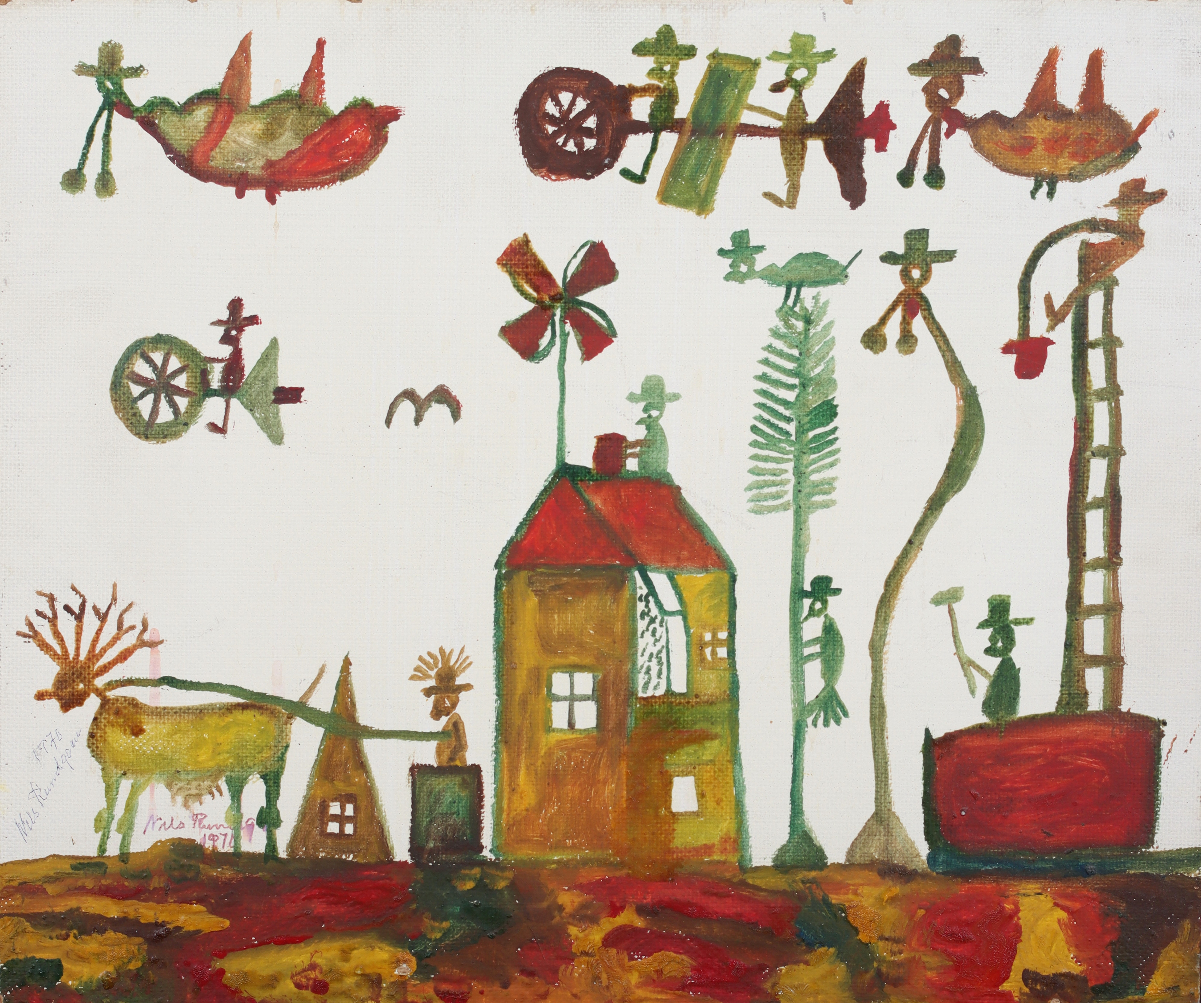 NILS "BJÖRNJÄGAREN" RUNDGREN. Komposition med figurer, blandteknik på pannå, signerad och daterad 1970.