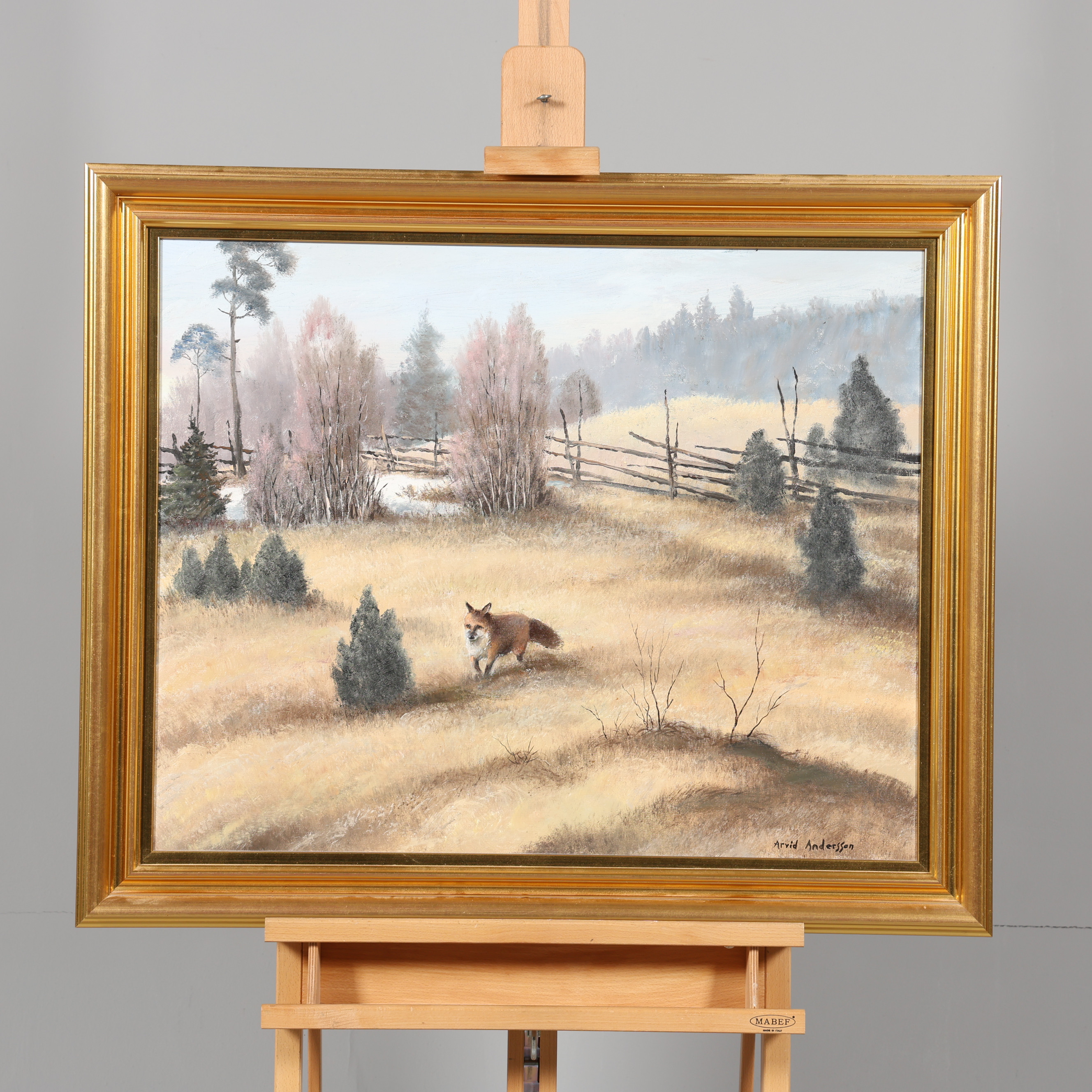 ARVID ANDERSSON. OLJA PÅ DUK, räv i hage, signerad.