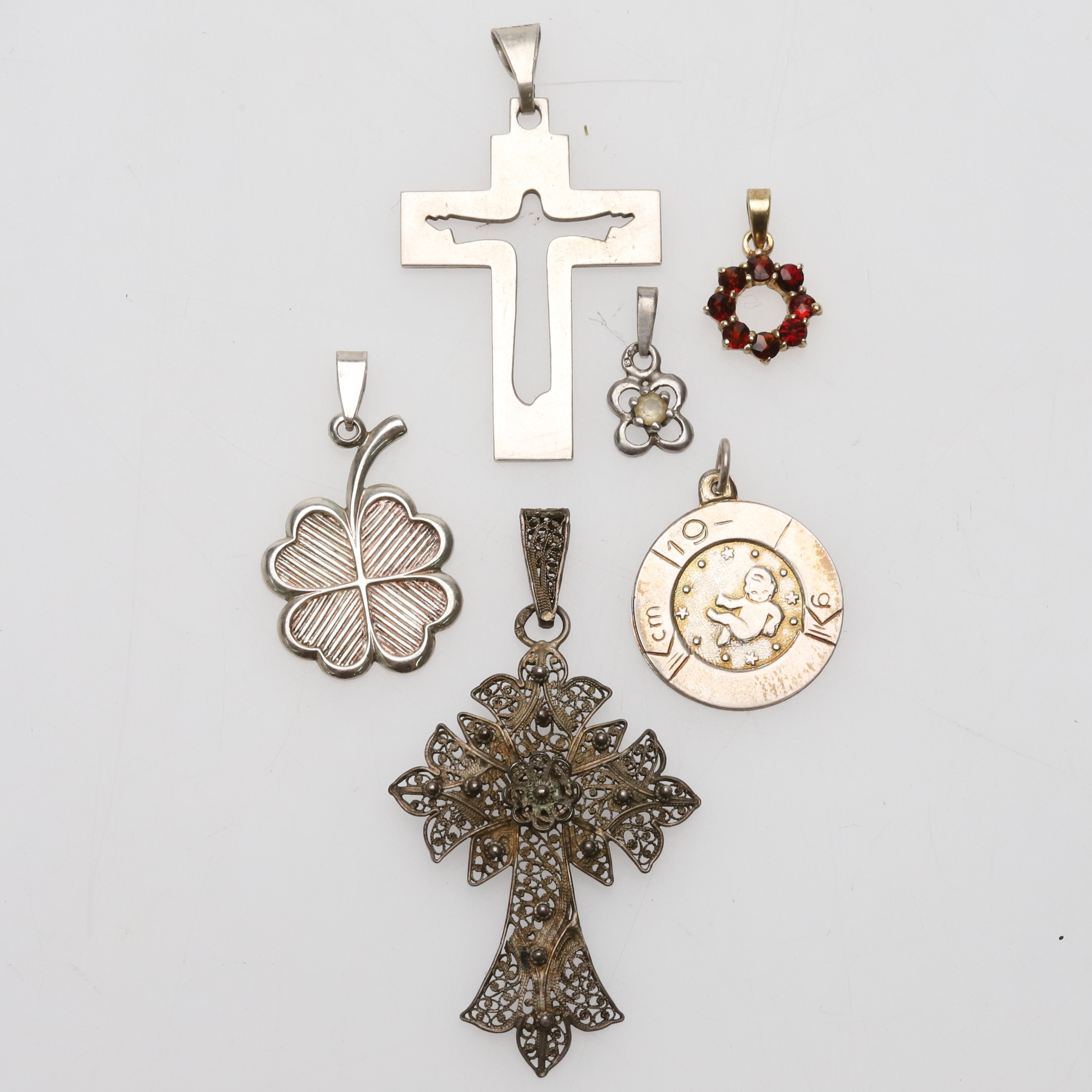 Hängen, 6 st, silver, förgyllt silver & granater.