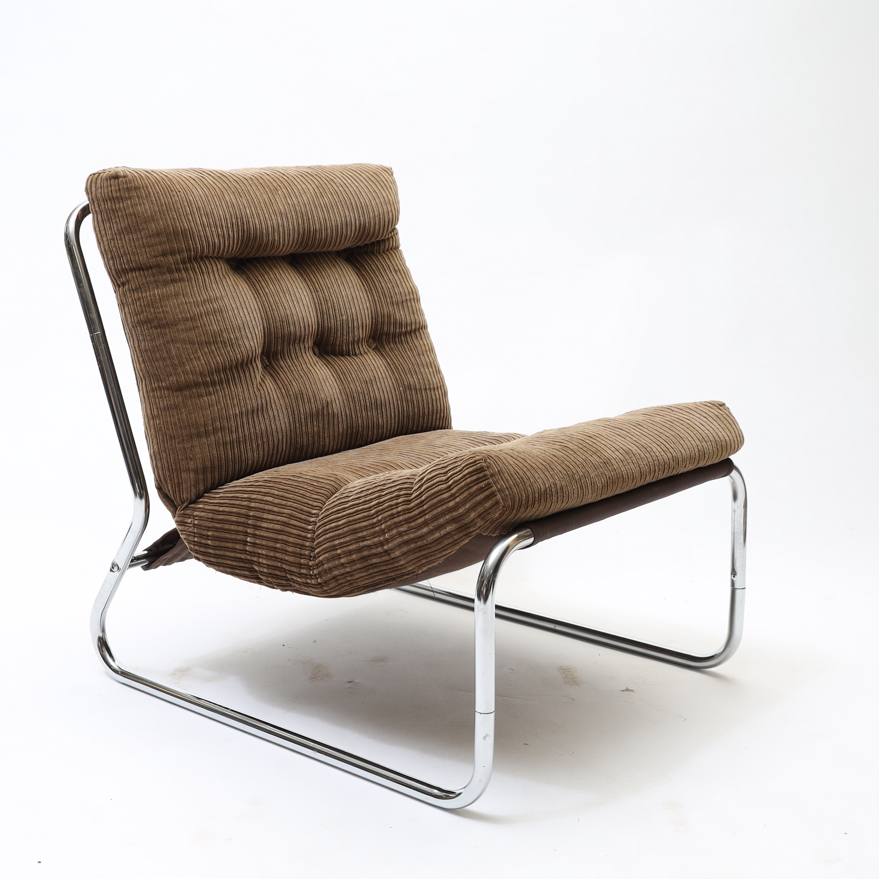 FÅTÖLJ, 1970-tal, kromat stålrör samt manchestertyg.